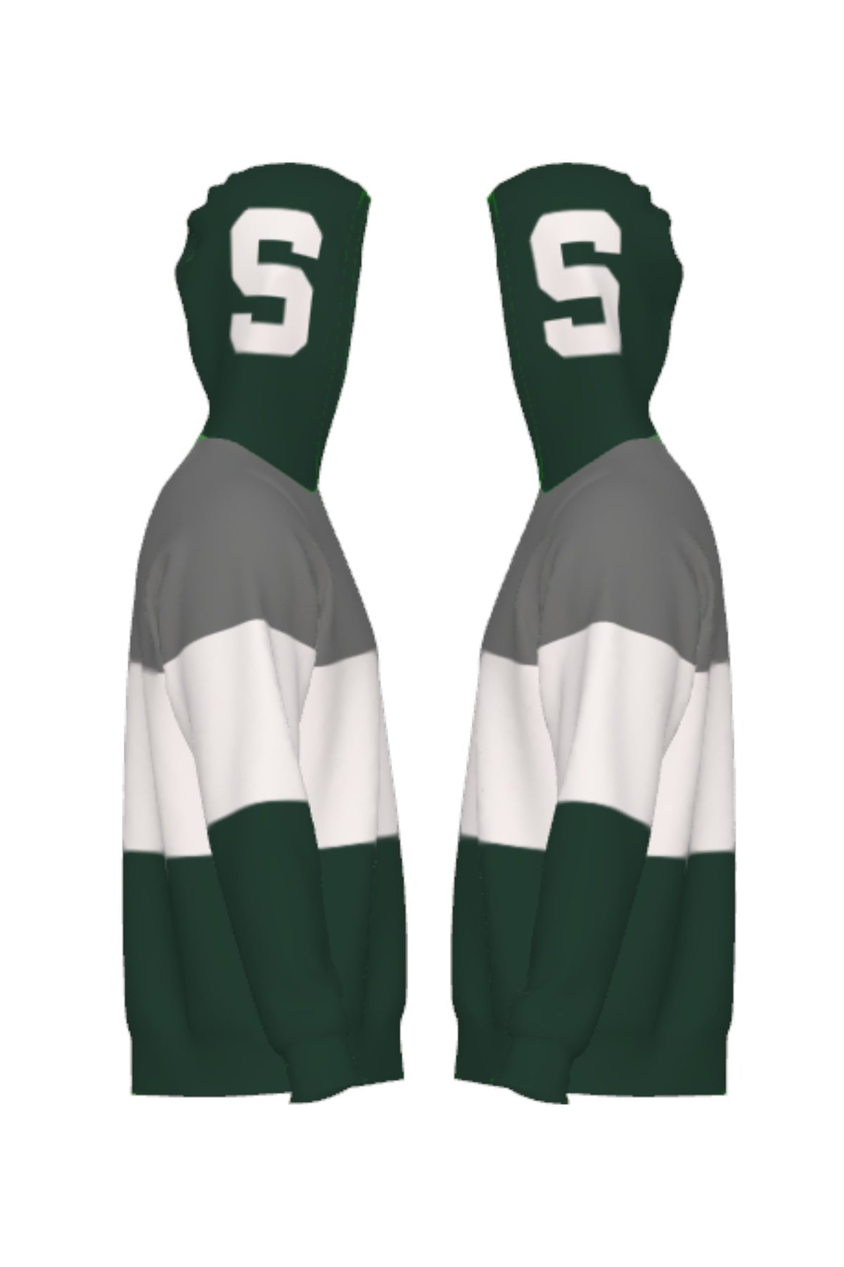 Michigan State Pine Green Varsity Tri Stripe Hooded Knit Sweater with white block S graphic on pine green hood by SOUNDOFF - side
