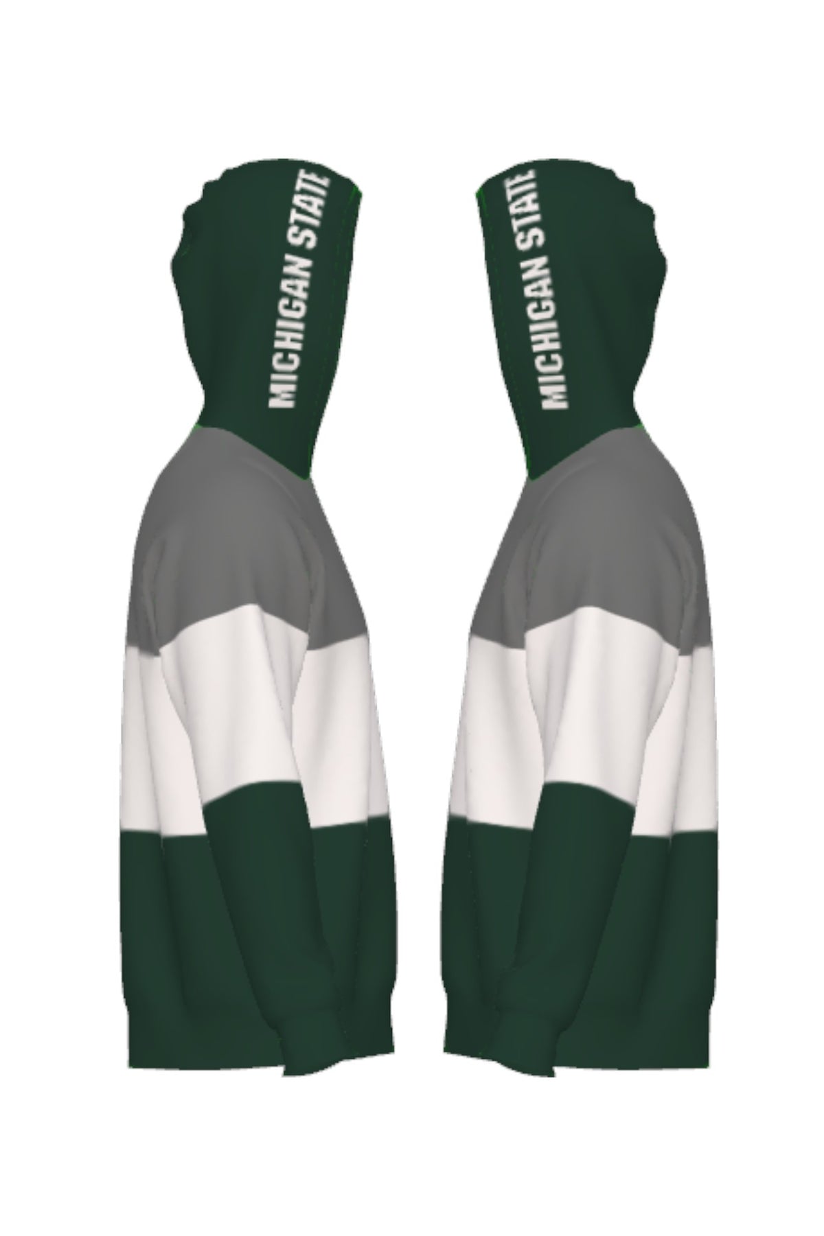 Michigan State Pine Green Varsity Tri Stripe Hooded Knit Sweater with white Michigan State block graphic on pine green hood by SOUNDOFF - side