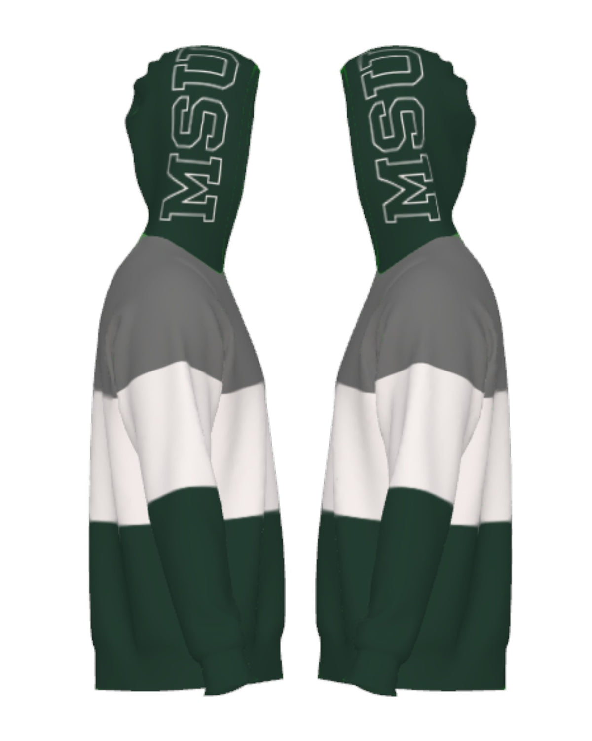Michigan State Pine Green Varsity Tri Stripe Hooded Knit Sweater with white MSU Outline graphic on pine green hood by SOUNDOFF - side