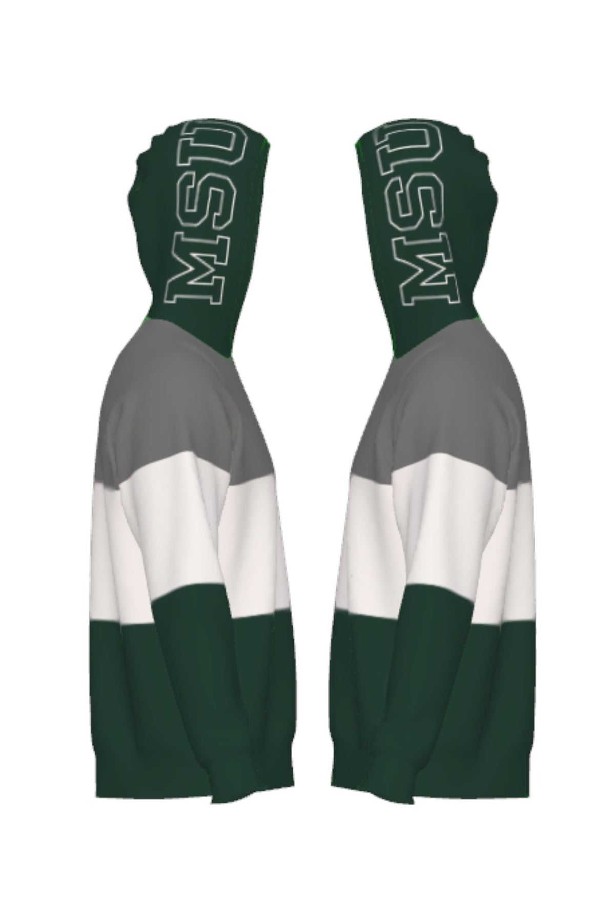 Michigan State Pine Green Varsity Tri Stripe Hooded Knit Sweater with white MSU Outline graphic on pine green hood by SOUNDOFF - side