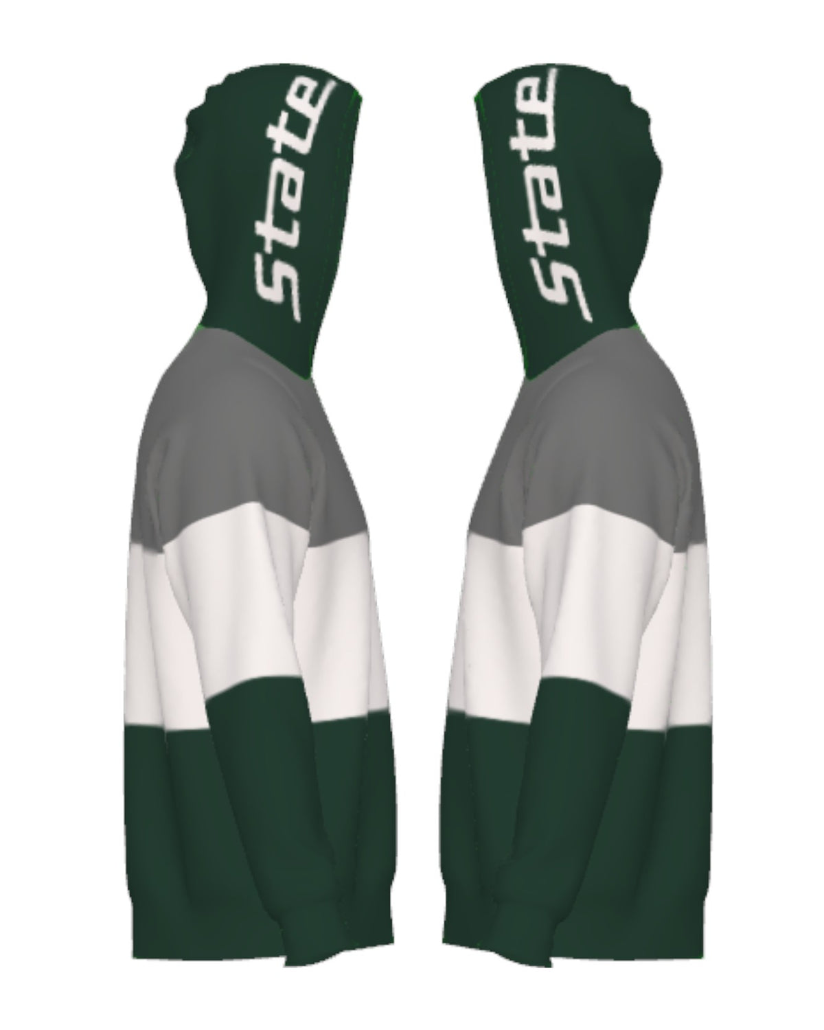 Michigan State Pine Green Varsity Tri Stripe Hooded Knit Sweater with white State Script graphic on pine green hood by SOUNDOFF - side