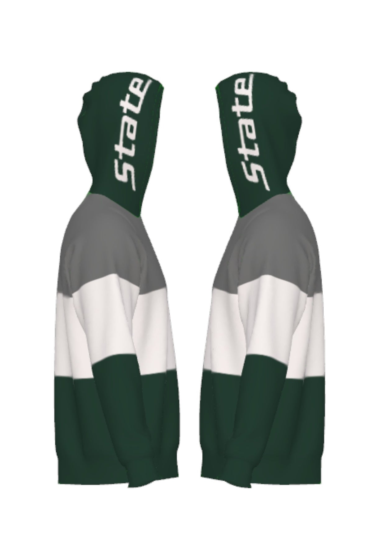 Michigan State Pine Green Varsity Tri Stripe Hooded Knit Sweater with white State Script graphic on pine green hood by SOUNDOFF - side
