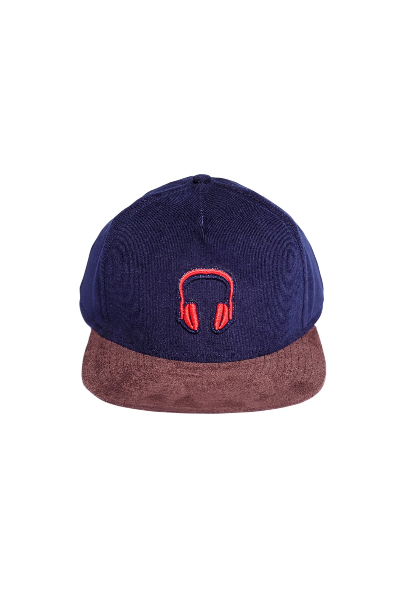 Navy corduroy and brown suede high-crown snapback hat with embroidered headphones, front view.