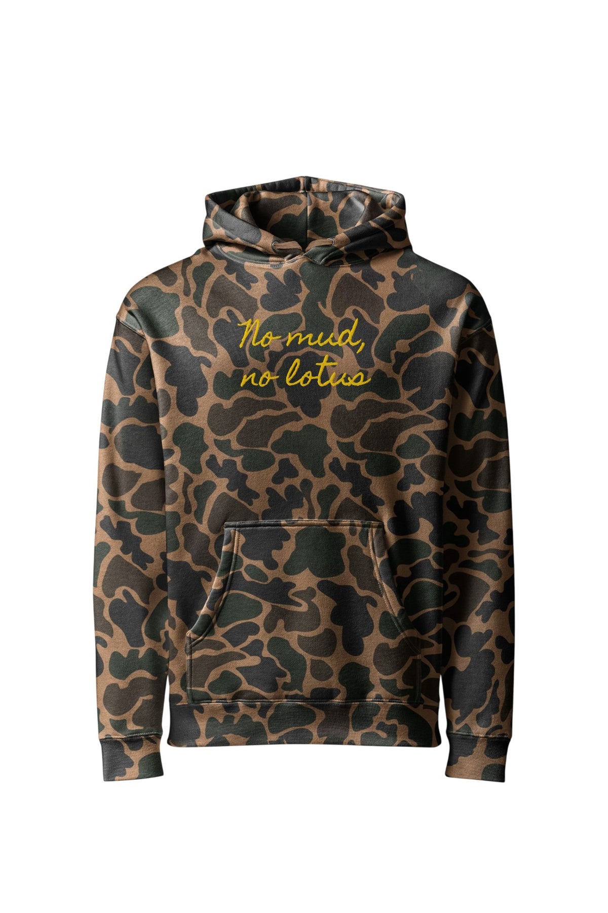 Front view of a heavyweight hoodie in a traditional duck camo outdoor print with "No mud, no lotus" embroidered on the center chest in striking metallic gold cursive text.