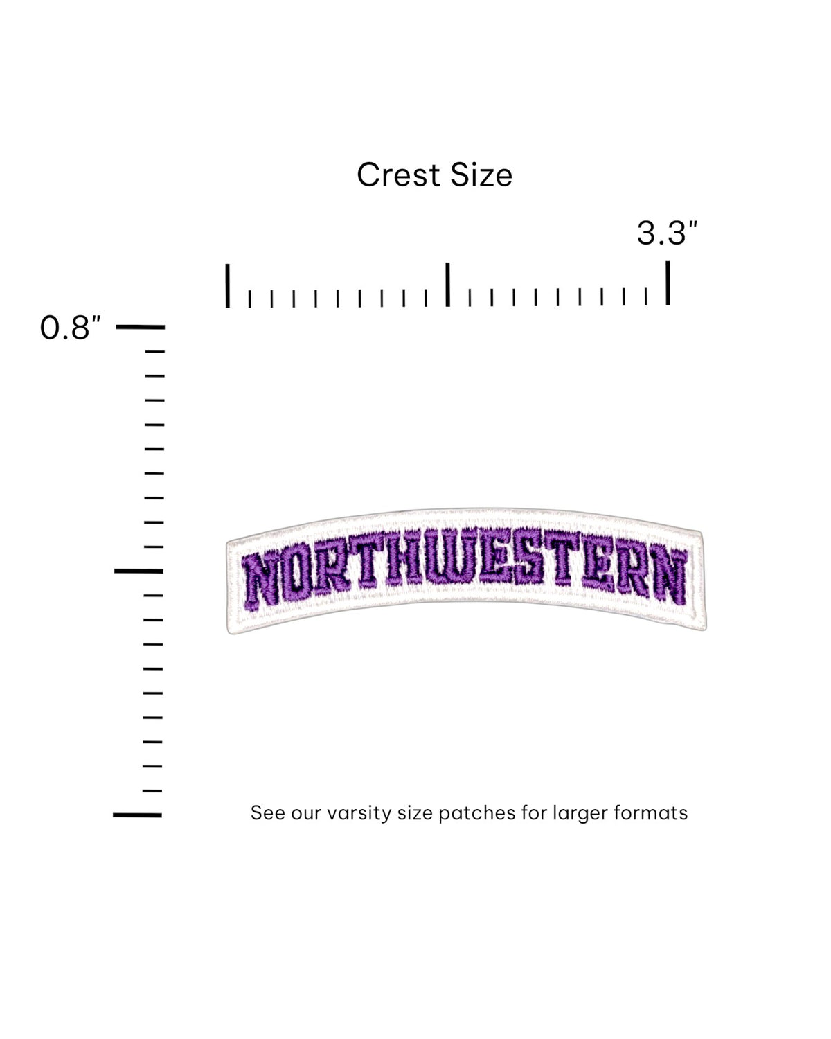 Northwestern University Arched Classic Purple on White Embroidered Crest Patch with Purple NORTHWESTERN lettering and White trim, 3.3 inches wide by 0.8 inches tall – SOUNDOFF FRONT - size