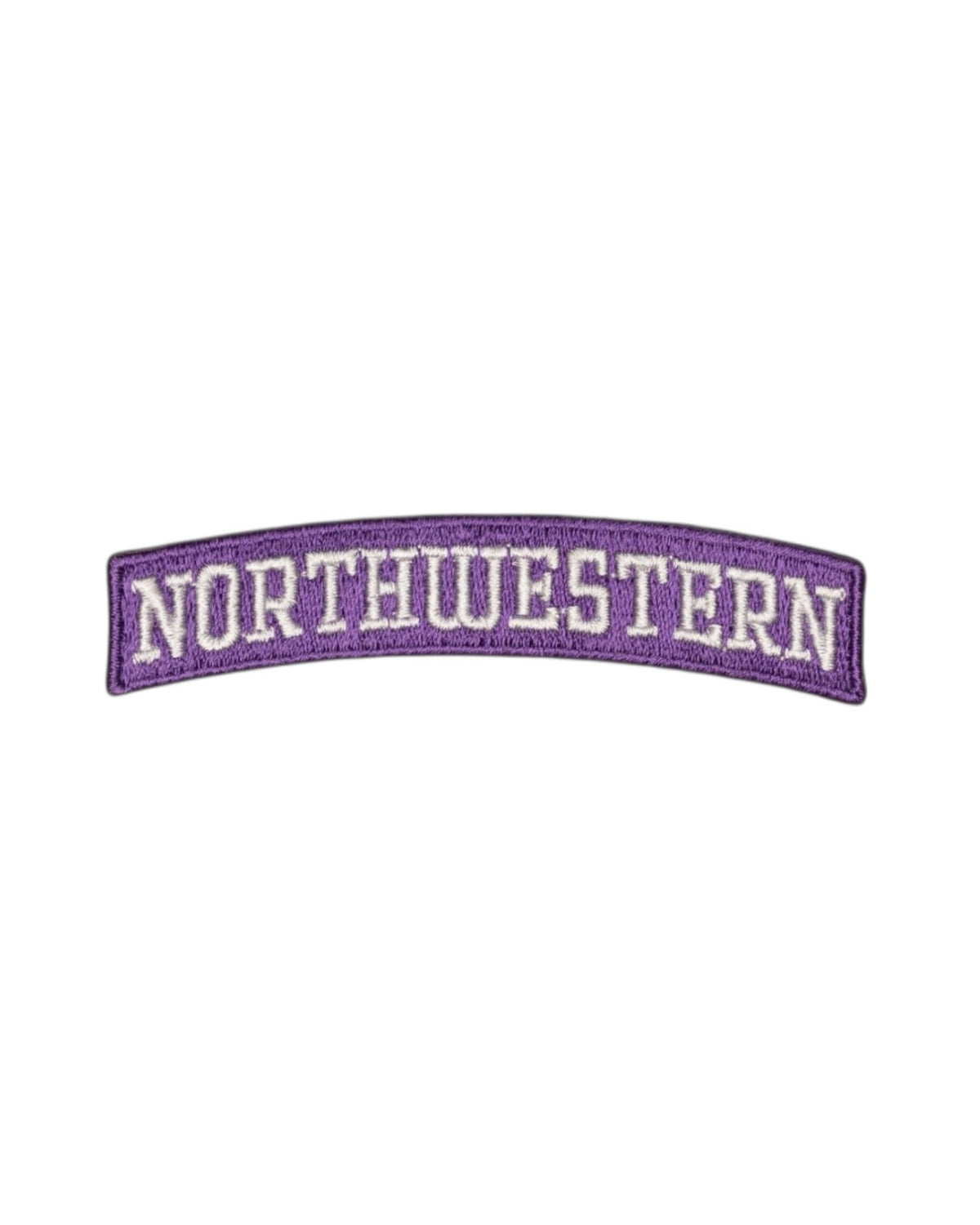 Northwestern University Arched Classic White Embroidered Crest Patch in Purple and White with NORTHWESTERN lettering, 3.3 inches wide by 0.8 inches tall SOUNDOFF - FRONT