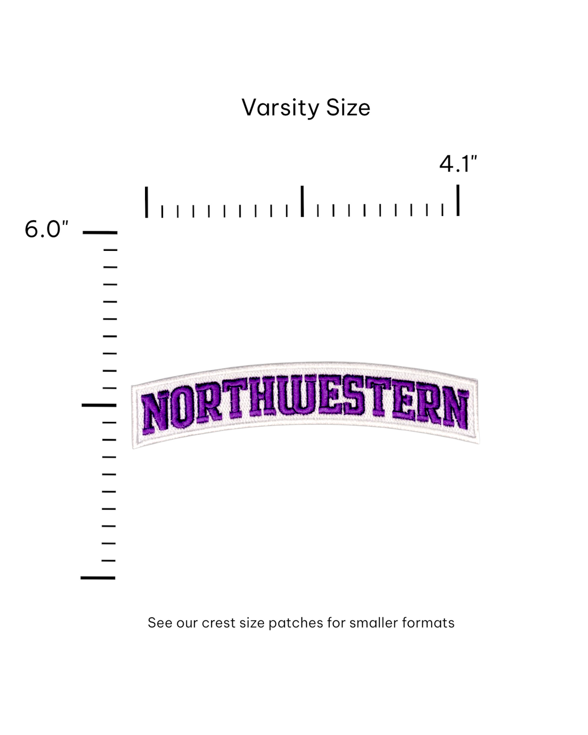 Northwestern University Arched Classic Purple on White Embroidered Varsity Patch with Purple NORTHWESTERN lettering and White trim, 6.0 inches wide by 1.4 inches tall – SOUNDOFF FRONT - size