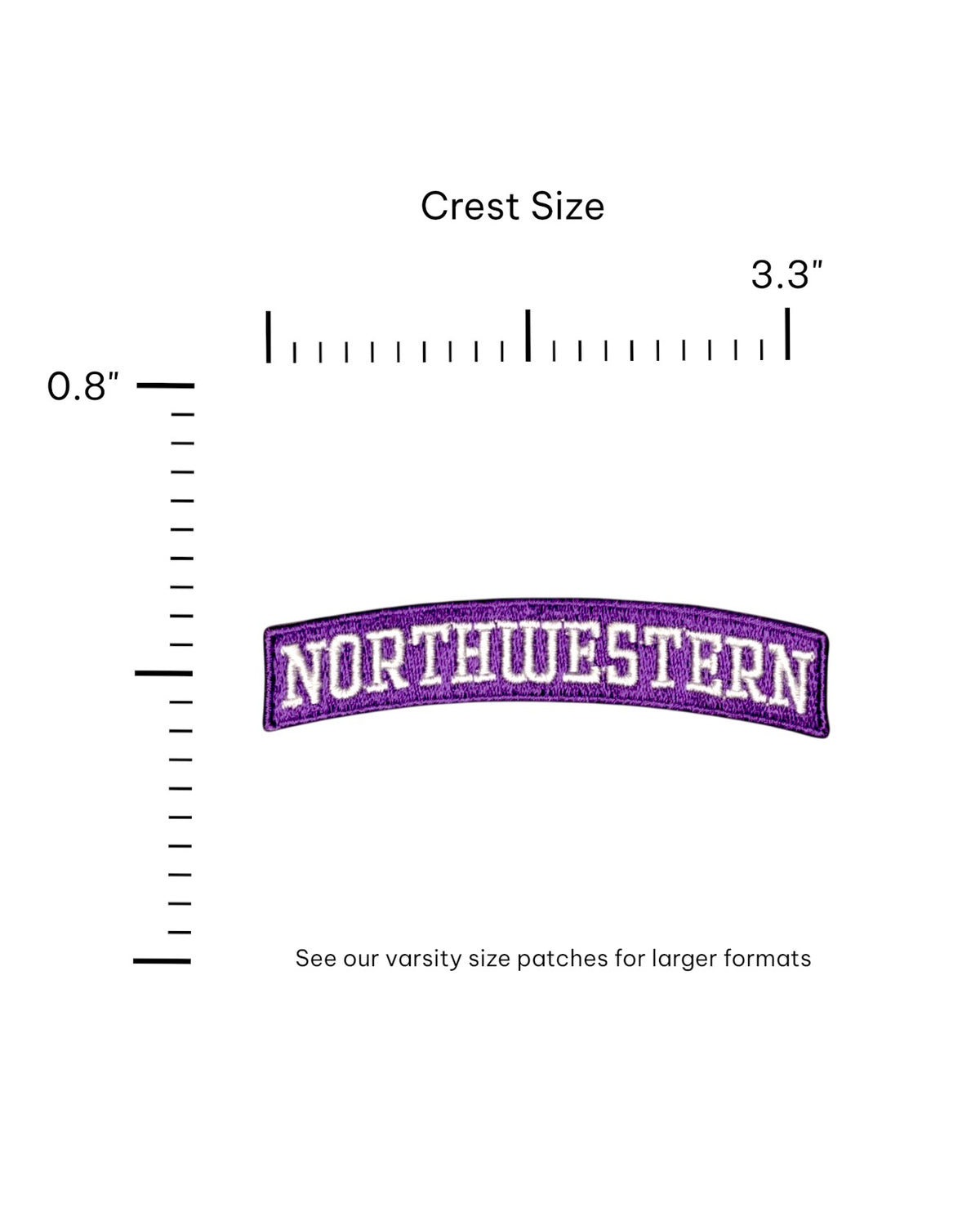 Northwestern University Arched Classic White Embroidered Crest Patch in Purple and White with NORTHWESTERN lettering, 3.3 inches wide by 0.8 inches tall SOUNDOFF - FRONT - size