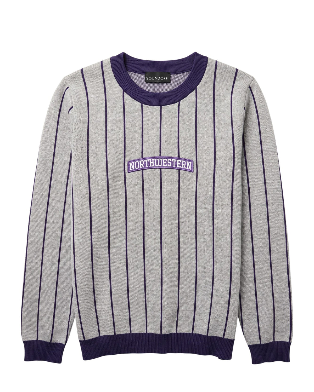 Light grey and purple Northwestern University heritage pinstripe classic crewneck knit sweater with arched purple varsity patch with NORTHWESTERN embroidered in white sewn onto the center front chest.