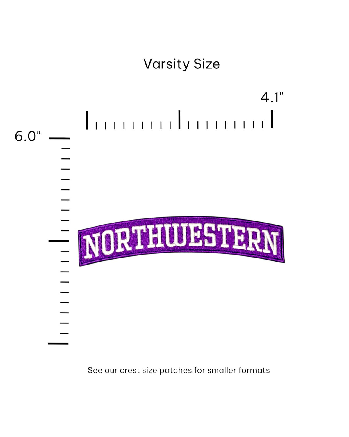 Northwestern University Arched Classic White on Purple Embroidered Varsity Patch with White NORTHWESTERN lettering, 6.0 inches wide by 1.4 inches tall – SOUNDOFF FRONT - size
