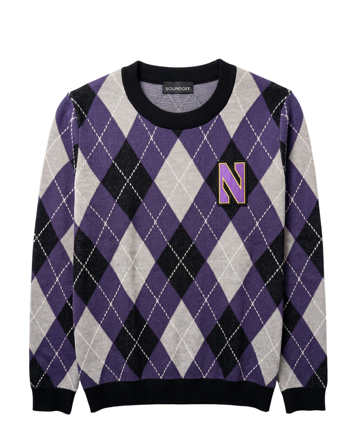 Purple, grey, white, and black Northwestern University argyle classic crewneck knit sweater with purple and gold Gothic Block "N" embroidered crest patch sewn onto the left chest.
