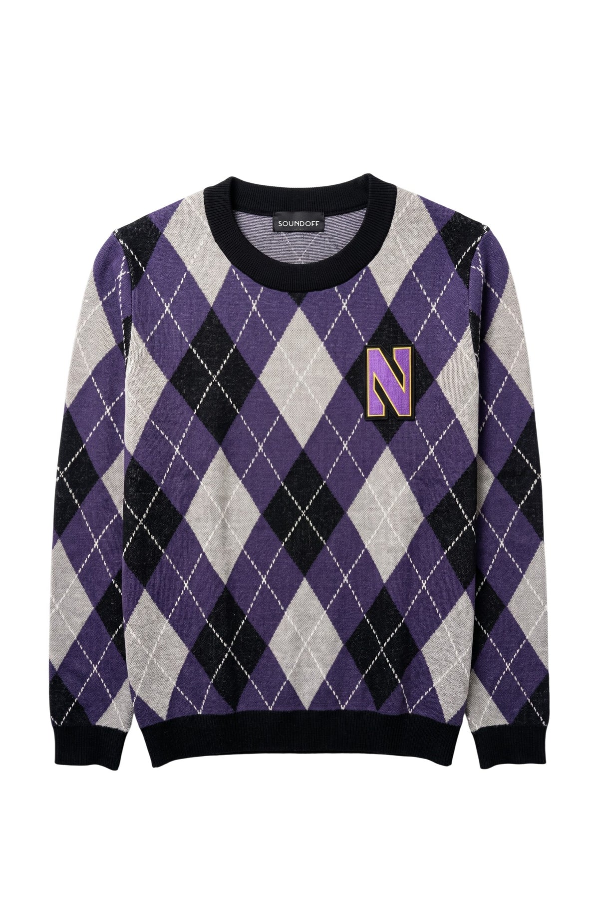 Purple, grey, white, and black Northwestern University argyle classic crewneck knit sweater with purple and gold Gothic Block "N" embroidered crest patch sewn onto the left chest.