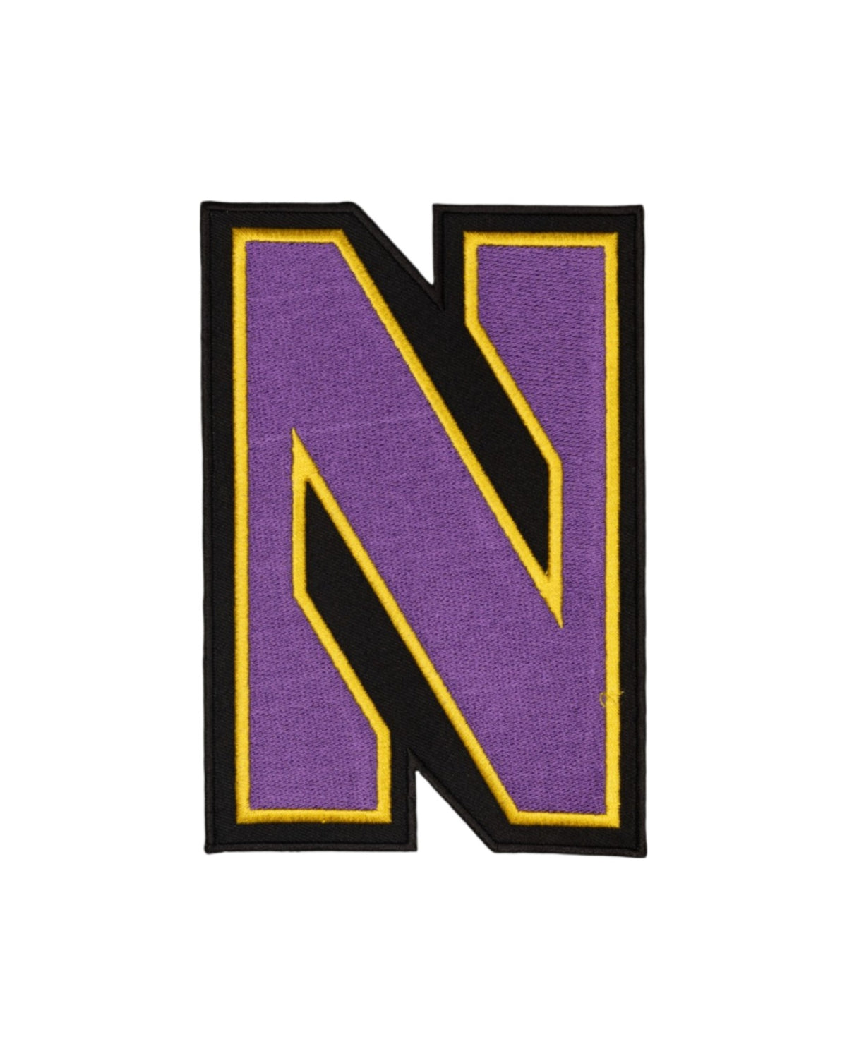 Northwestern University Gothic Block N Embroidered Crest Patch in Purple with Gold and Black trim, 2.2 inches wide by 3.3 inches tall – SOUNDOFF FRONT