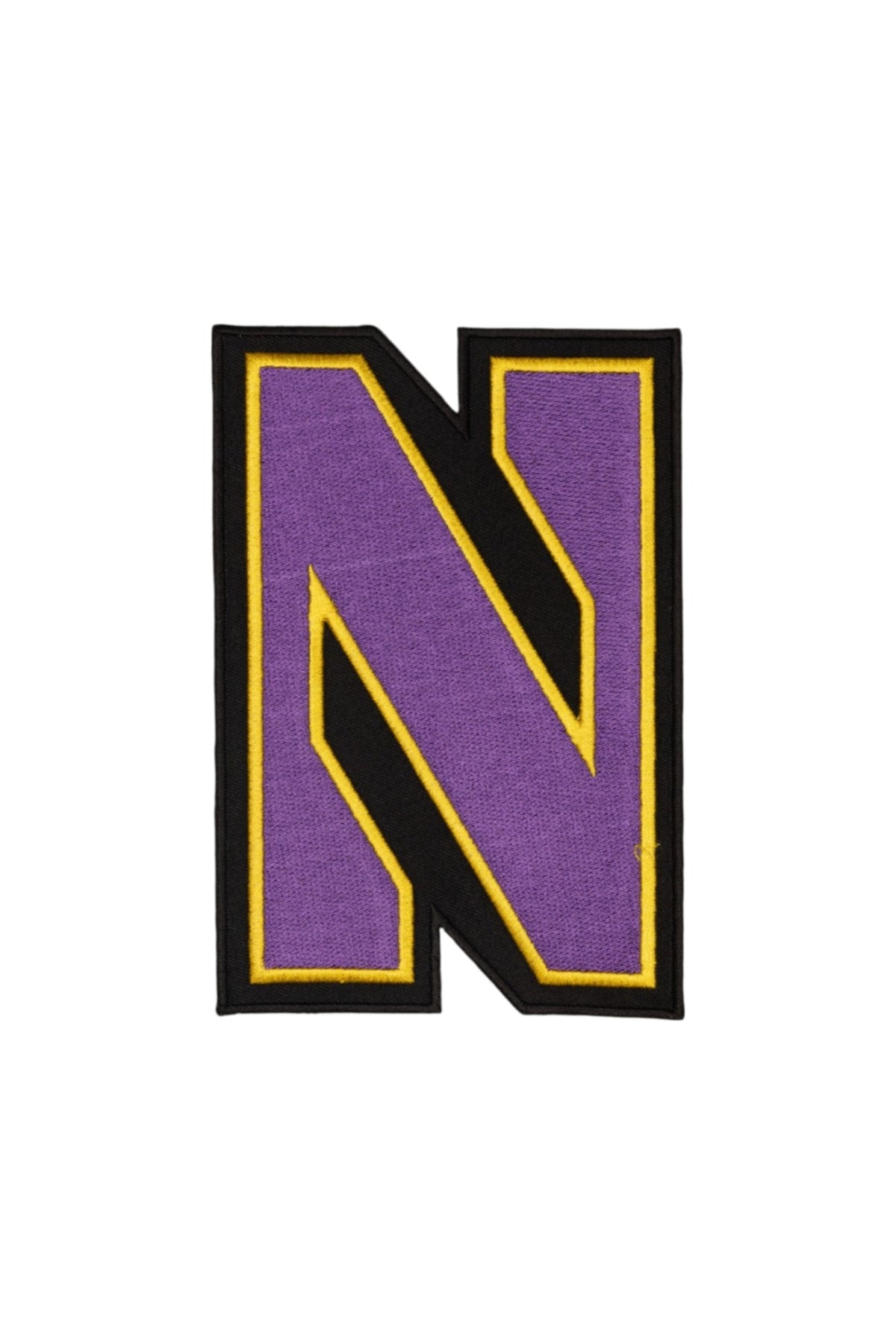 Northwestern University Gothic Block N Embroidered Crest Patch in Purple with Gold and Black trim, 2.2 inches wide by 3.3 inches tall – SOUNDOFF FRONT