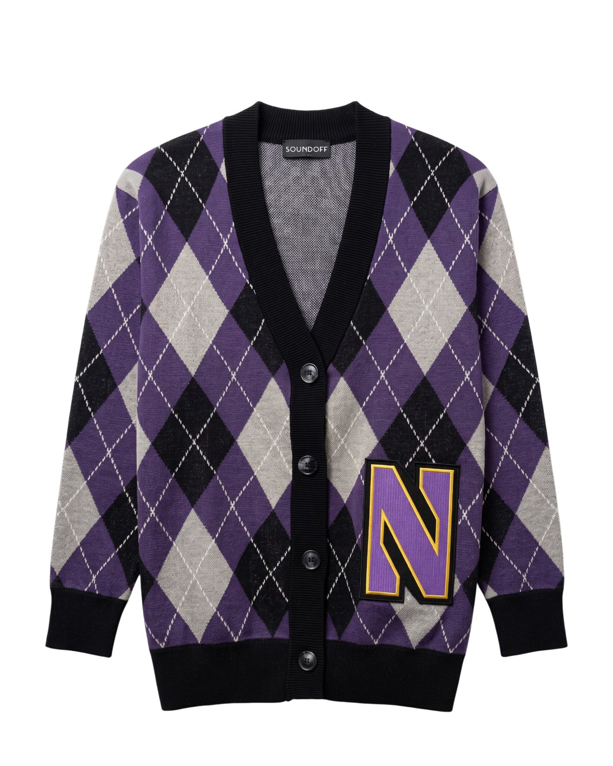 Purple, grey, white, and black Northwestern University argyle cardigan knit sweater with purple and gold Gothic Block "N" embroidered varsity patch sewn onto the lower front left.