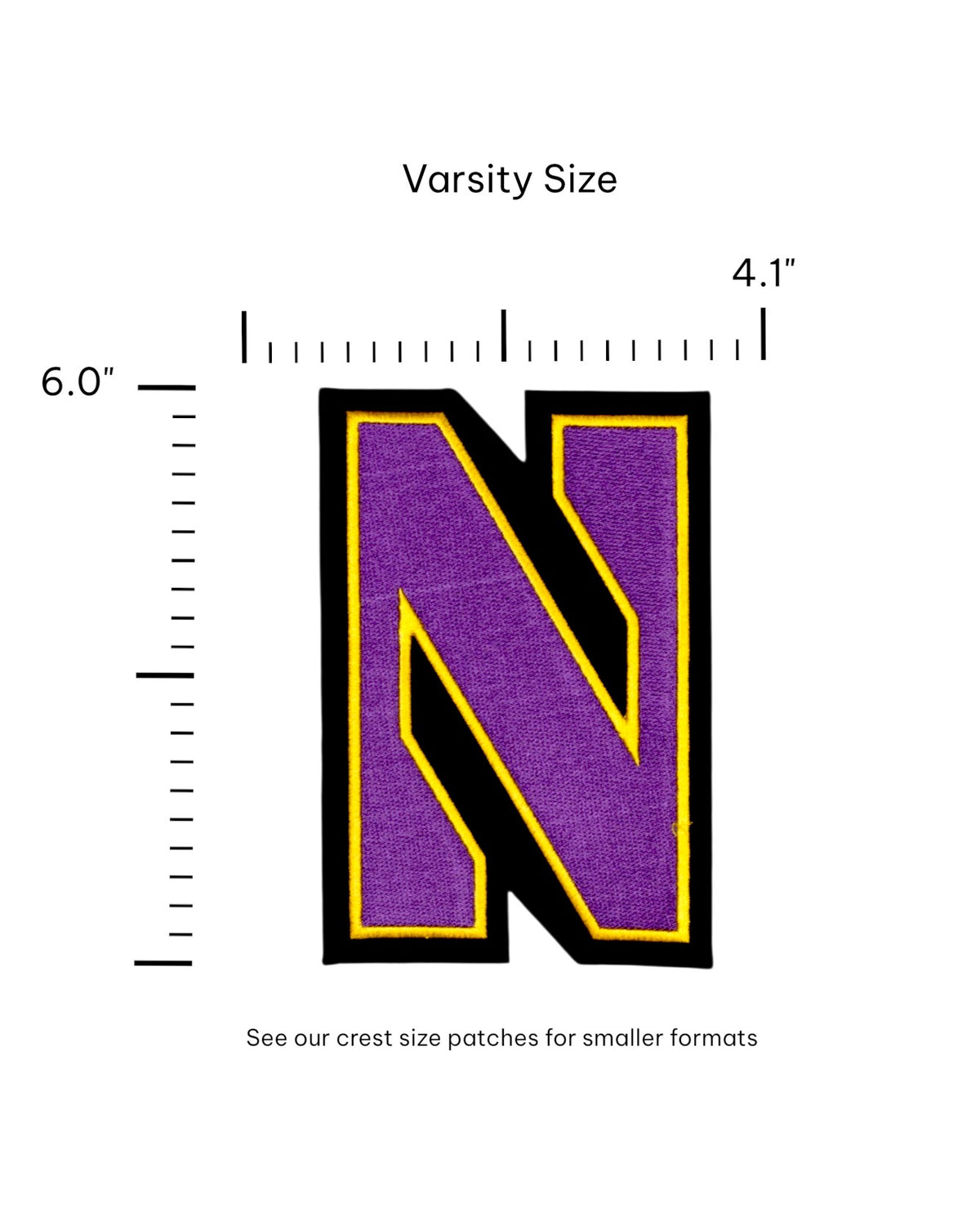 Northwestern University Gothic Block N Embroidered Varsity Patch in Purple with Gold and Black trim, 4.1 inches wide by 6.0 inches tall – SOUNDOFF FRONT size