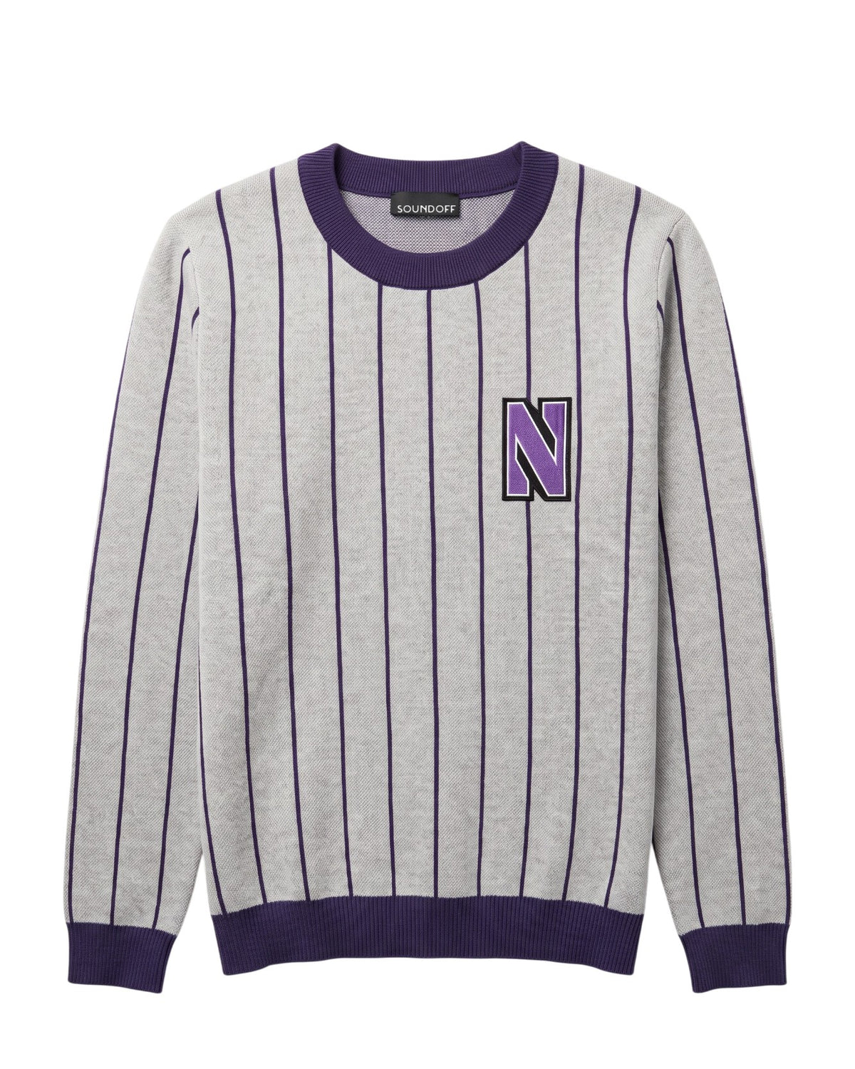 Light grey Northwestern University heritage pinstripe classic crewneck knit sweater with purple pinstripe detail and purple and white Block "N" embroidered crest patch sewn onto left chest.