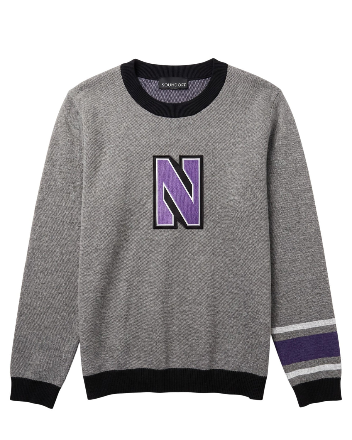 Light grey Northwestern University powerstripe classic crewneck knit sweater with purple and white stripe detail on left sleeve and purple and white Block "N" embroidered varsity patch sewn onto center chest.