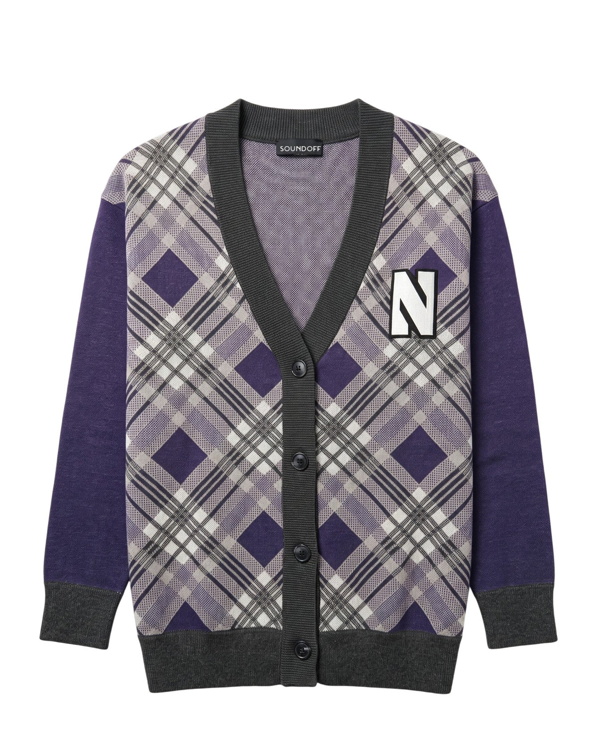 Purple, charcoal grey, and white bias plaid Northwestern University cardigan knit sweater with white and black trim Block "N" embroidered crest patch sewn onto the left chest.