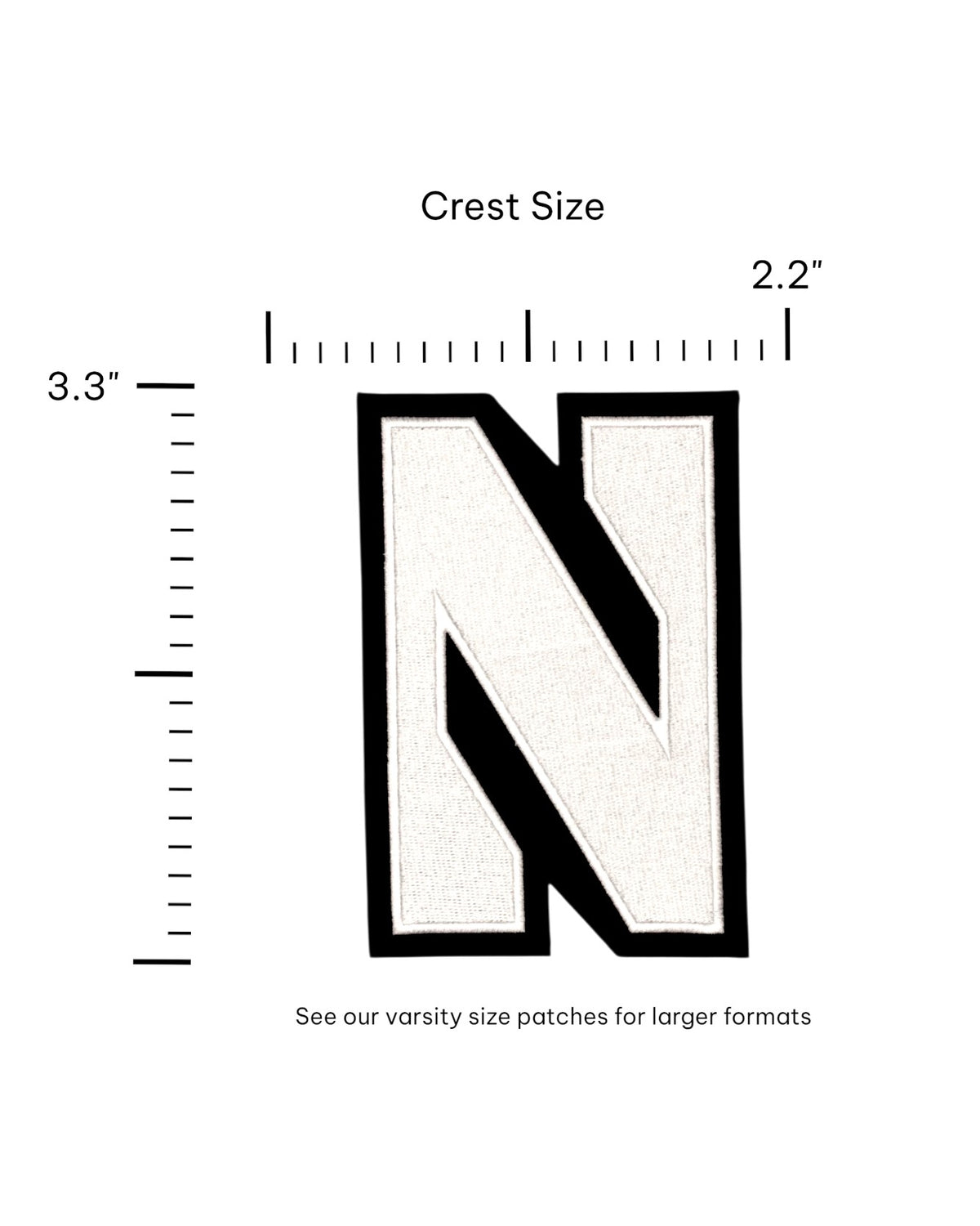 Northwestern University Block N White Embroidered Crest Patch with Black trim, 2.2 inches wide by 3.3 inches tall – SOUNDOFF FRONT - size