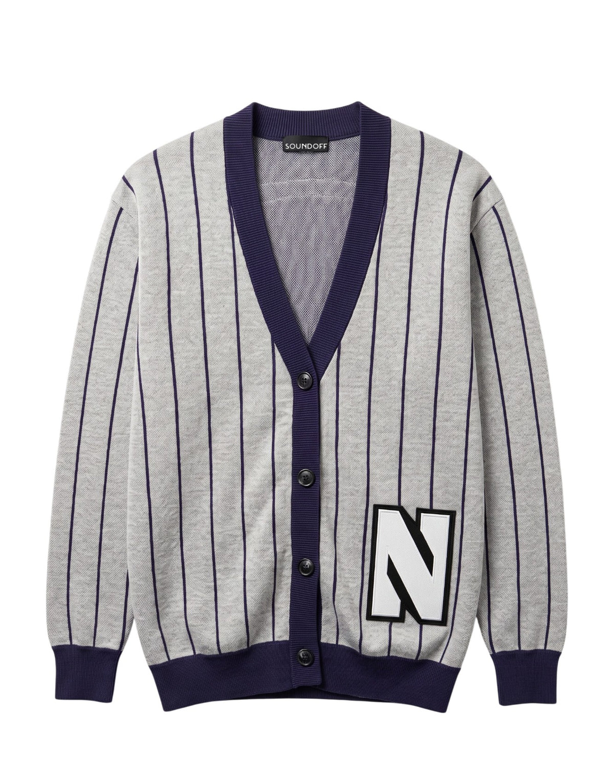 Light grey and purple trimmed Northwestern University heritage pinstripe cardigan knit sweater with white and black trim Block "N" embroidered varsity patch sewn onto the lower front left.