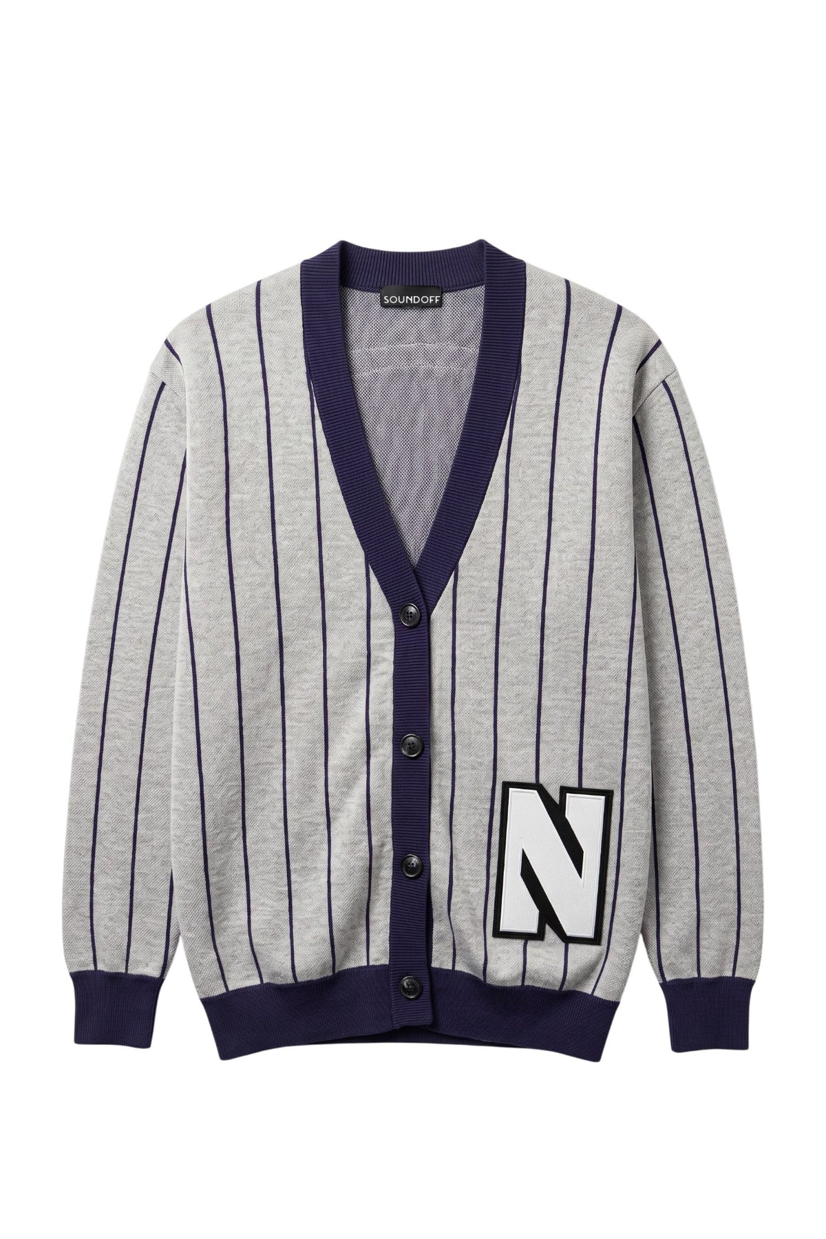Light grey and purple trimmed Northwestern University heritage pinstripe cardigan knit sweater with white and black trim Block "N" embroidered varsity patch sewn onto the lower front left.