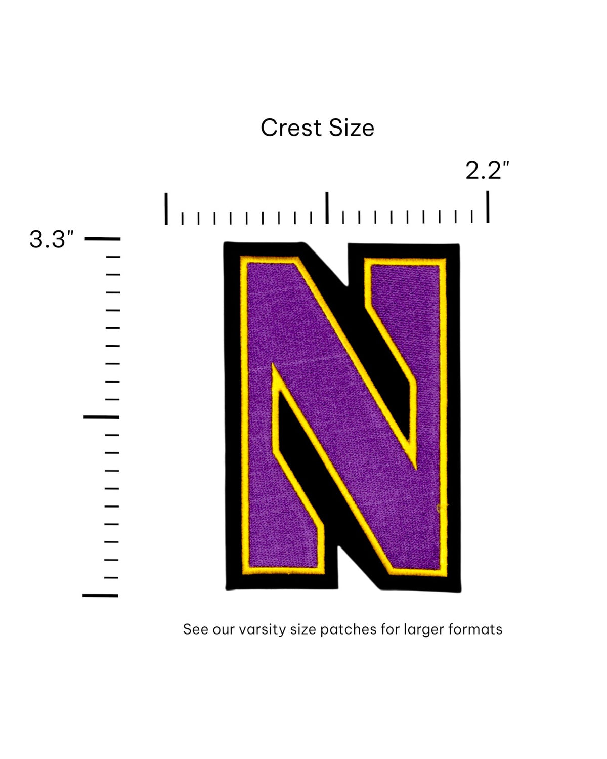Northwestern University Gothic Block N Embroidered Crest Patch in Purple with Gold and Black trim, 2.2 inches wide by 3.3 inches tall – SOUNDOFF FRONT - size