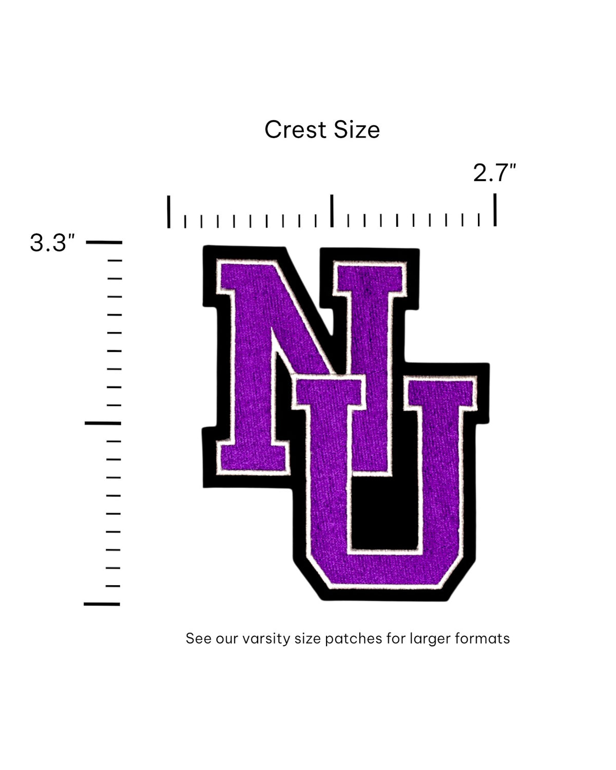 Northwestern University NU Interlock Embroidered Crest Patch in Purple with Black and White trim, 2.2 inches wide by 3.3 inches tall – SOUNDOFF FRONT - size