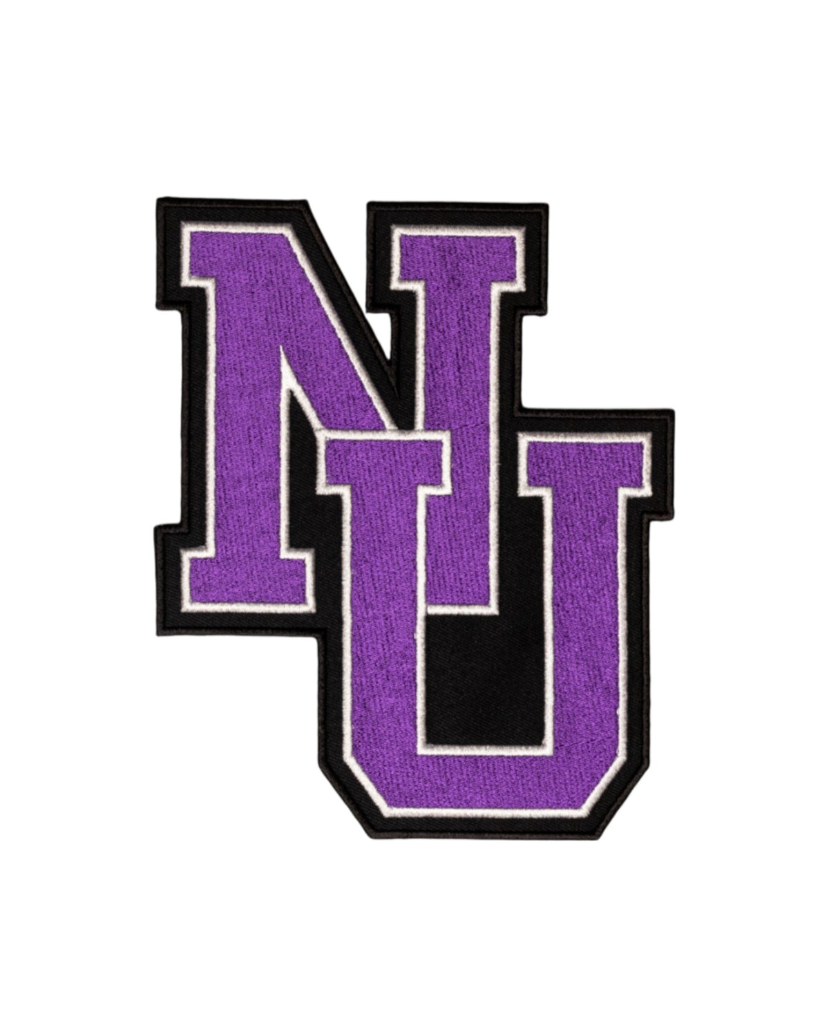 Northwestern University NU Interlock Embroidered Crest Patch in Purple with Black and White trim, 2.2 inches wide by 3.3 inches tall – SOUNDOFF FRONT