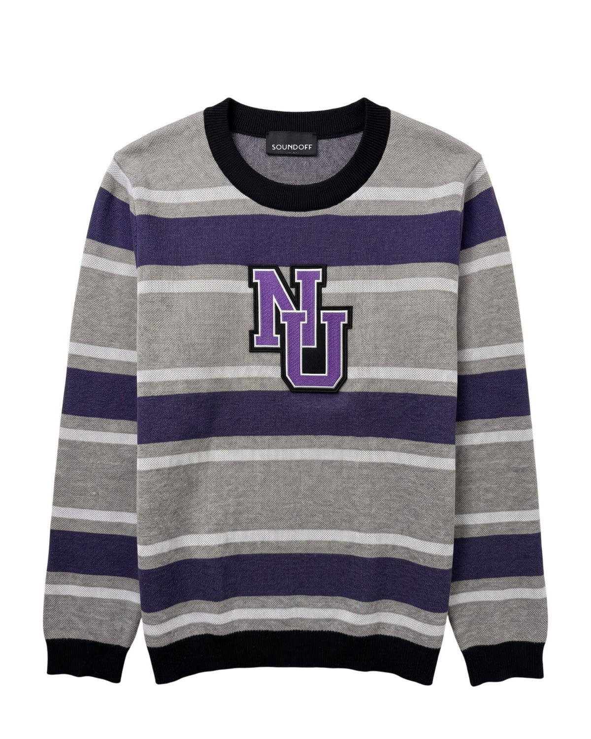 Light grey, purple, and white Northwestern University powerstripe rugby classic crew knit sweater with purple and white "NU: interlock embroidered varsity patch sewn onto center front chest.