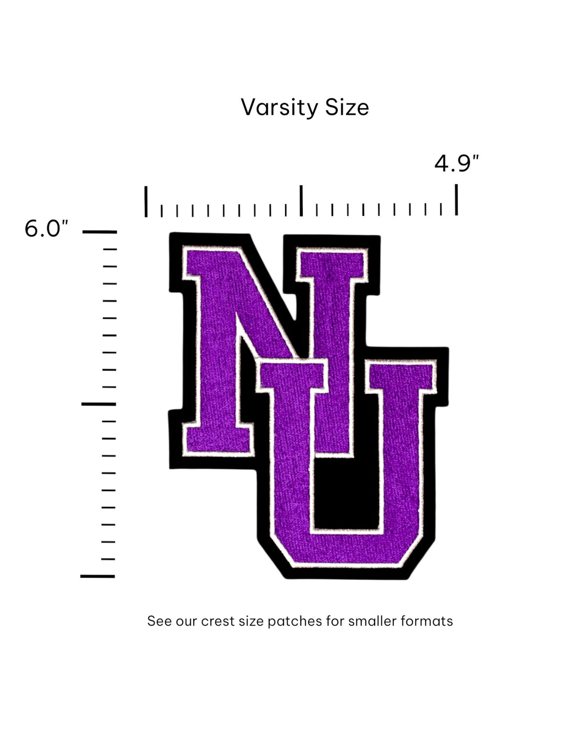 Northwestern University NU Interlock Embroidered Varsity Patch in Purple with Black and White trim, 4.9 inches wide by 6.0 inches tall – SOUNDOFF FRONT - size