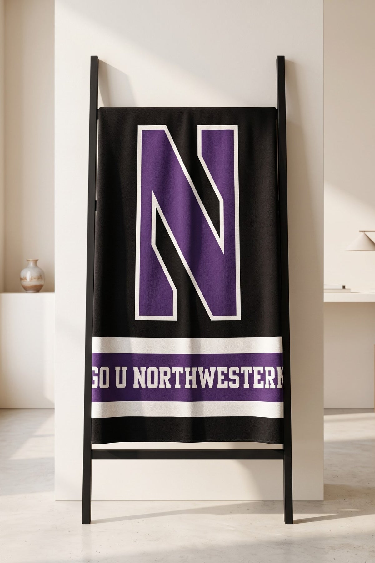 Northwestern University Varsity Throw Blanket 50 x 70 in Black with Purple and Bleach White varsity stripes by SOUNDOFF - hanging