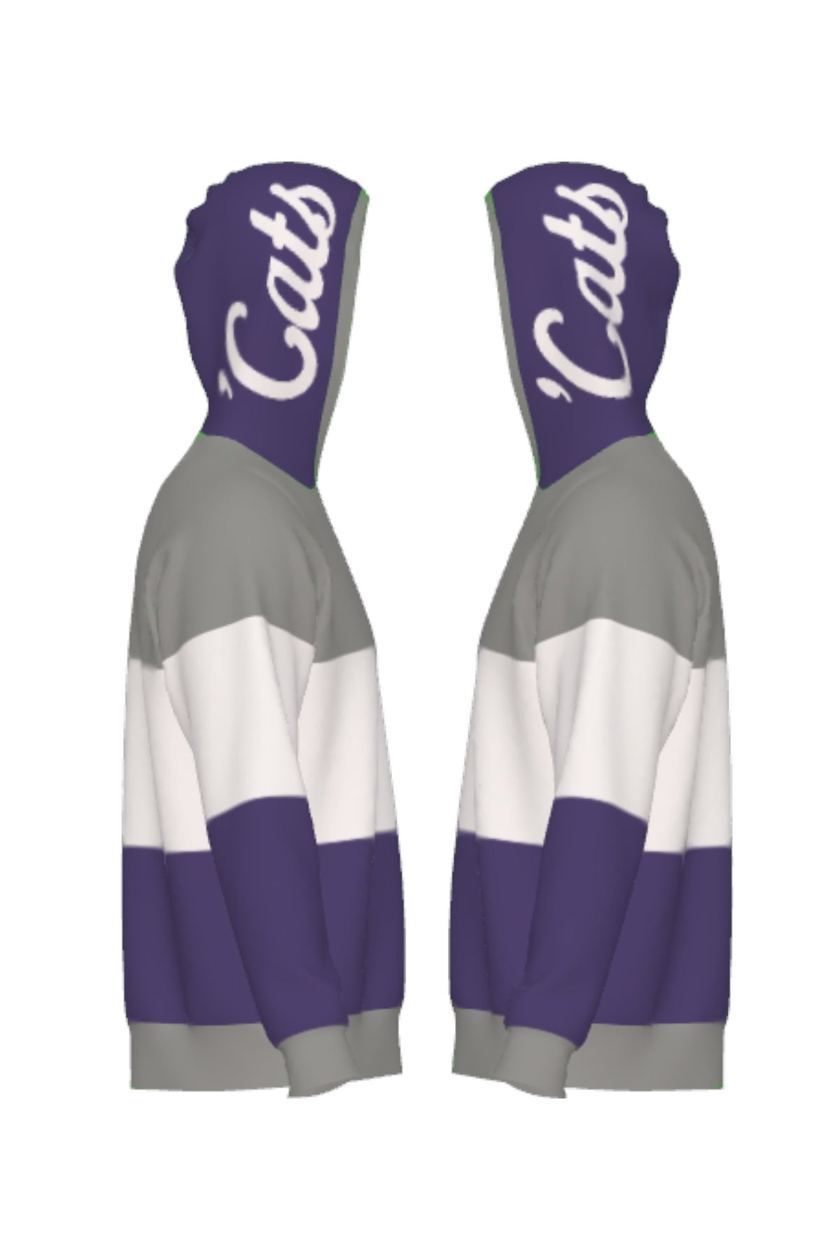 Northwestern University hooded knit sweater with white script 'Cats graphic on purple hood by SOUNDOFF - side