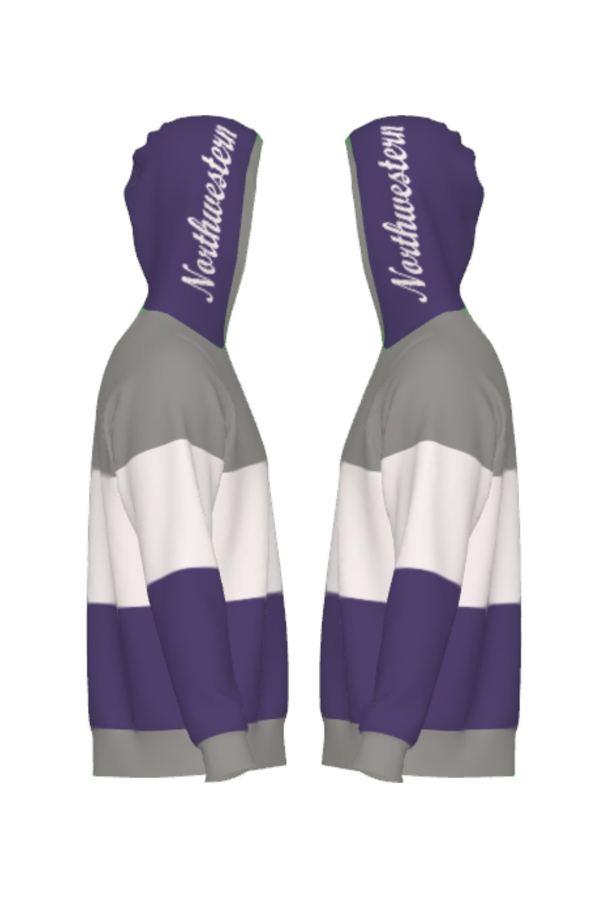 Northwestern University hooded knit sweater with white script Northwestern graphic on purple hood by SOUNDOFF - side
