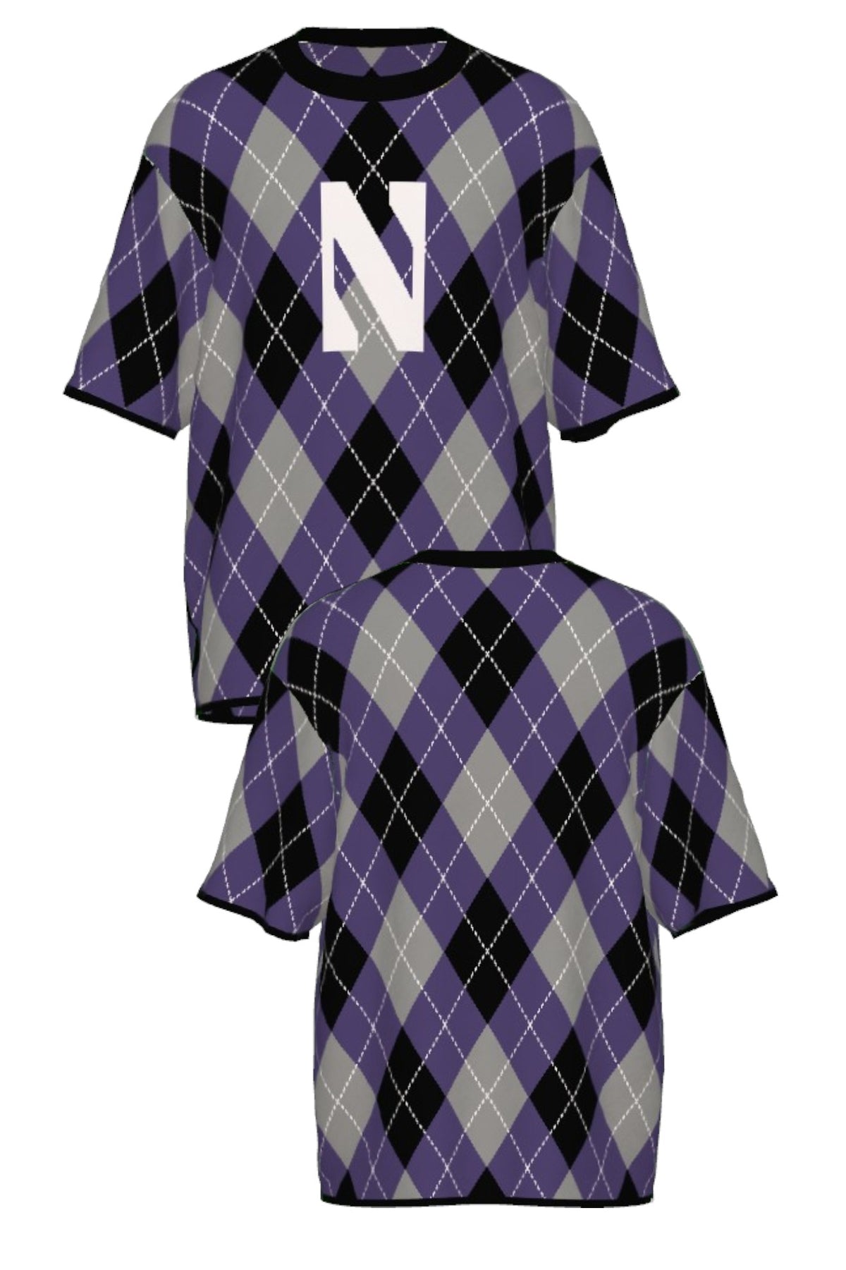 Northwestern University Argyle Knit Short Sleeve Sweater in Purple, Grey, Black and White with White Gothic N knitted into the front and Black trim – SOUNDOFF FRONT and Back