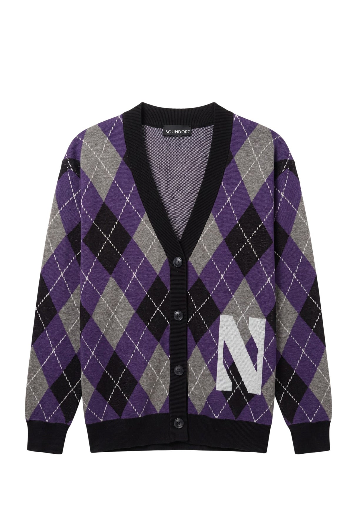 Northwestern University Argyle Knit Cardigan Sweater in Purple, Grey, Black and White with White Gothic N knitted into the front and Black trim – SOUNDOFF FRONT