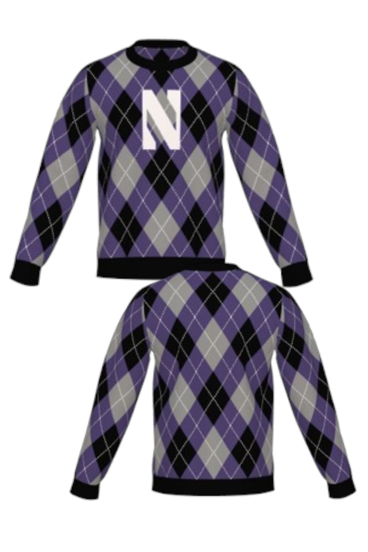Northwestern University Argyle Knit Crew Neck Sweater in Purple, Grey, Black and White with White Gothic N knitted into the front and Black trim – SOUNDOFF FRONT and Back