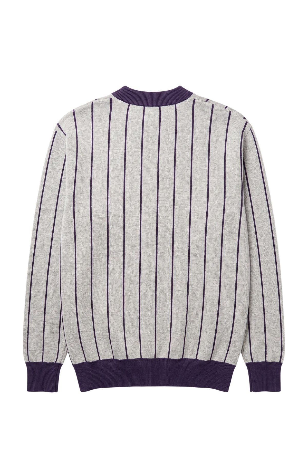 Northwestern University Heritage Pinstripe Cardigan Knit Sweater in Light Grey with Purple vertical pinstripes and Purple trim, designed for patch customization – SOUNDOFF BACK