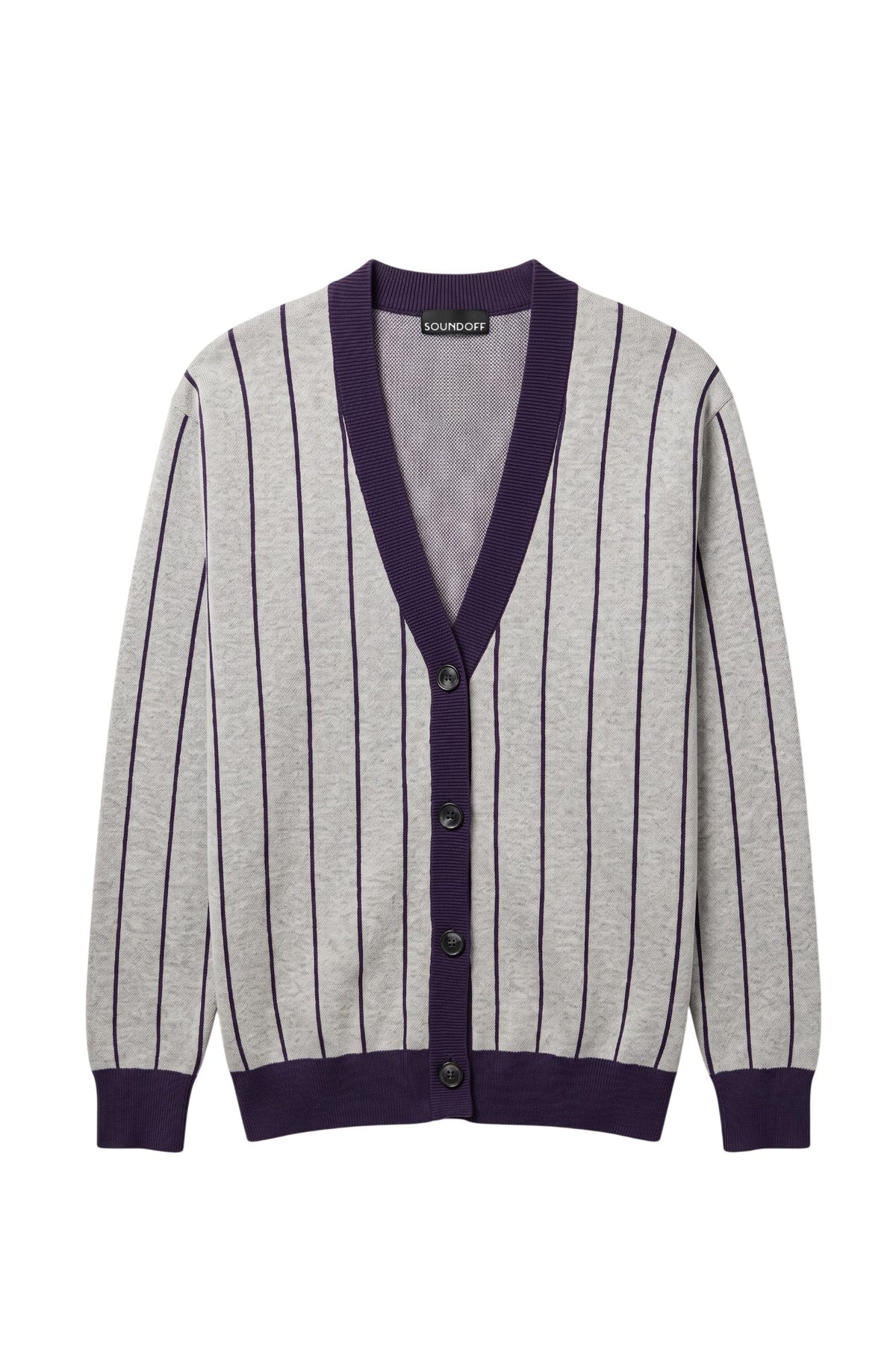 Northwestern University Heritage Pinstripe Cardigan Knit Sweater in Light Grey with Purple vertical pinstripes and Purple trim, designed for patch customization – SOUNDOFF FRONT