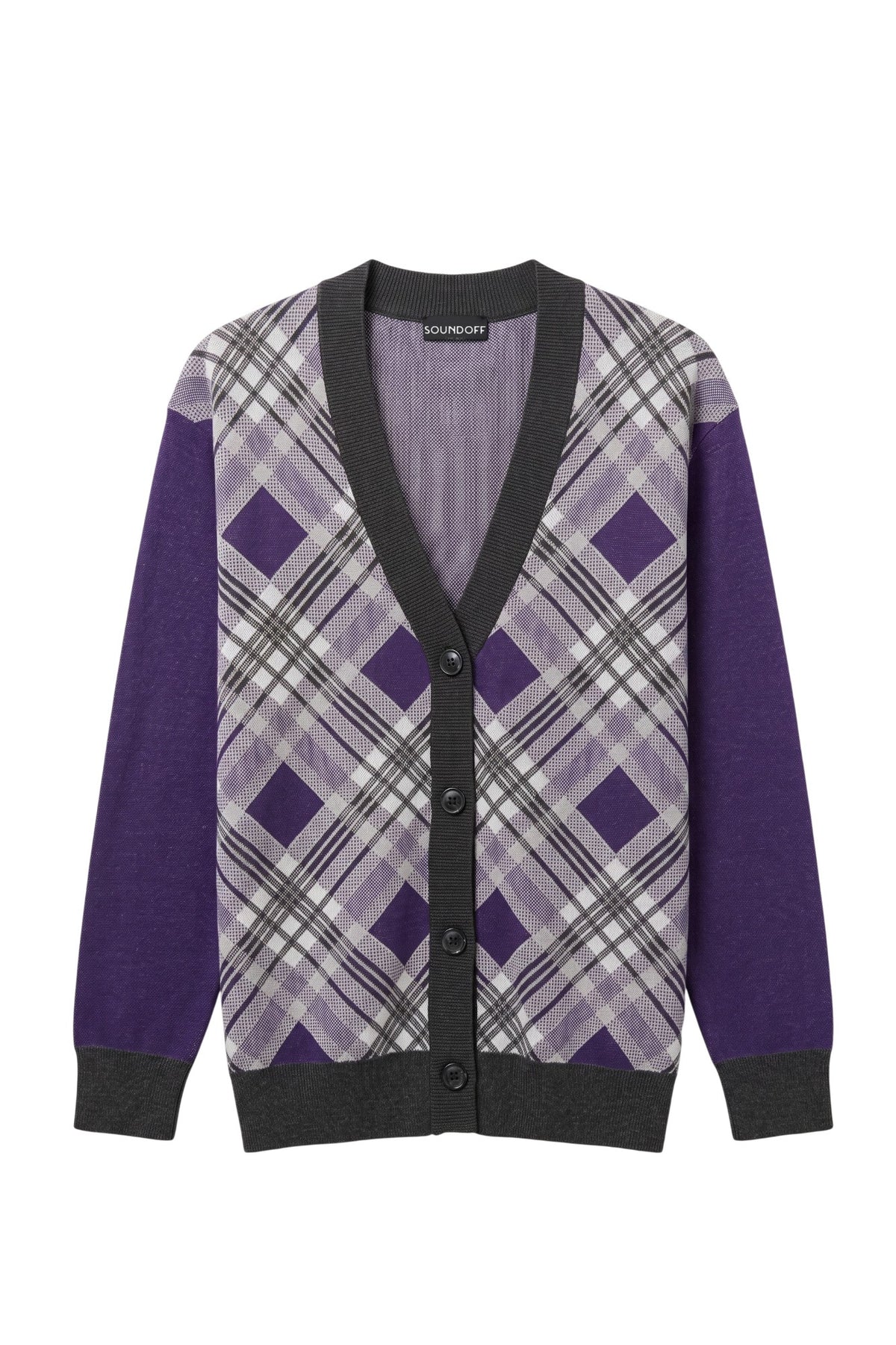 Northwestern University Bias Plaid Knit Cardigan Sweater with Purple, Charcoal Grey and White plaid front, Purple sleeves and Black trim – SOUNDOFF FRONT