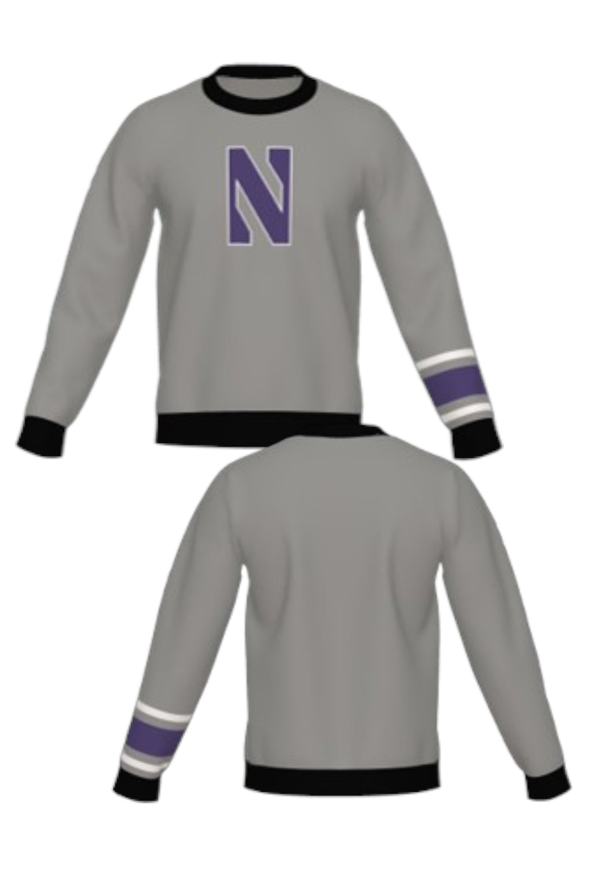 Northwestern University Powerstripe Knit Crew Neck Sweater in Grey with Purple trim, Purple Gothic N with White trim and Purple and White sleeve stripes – SOUNDOFF FRONT and BACK