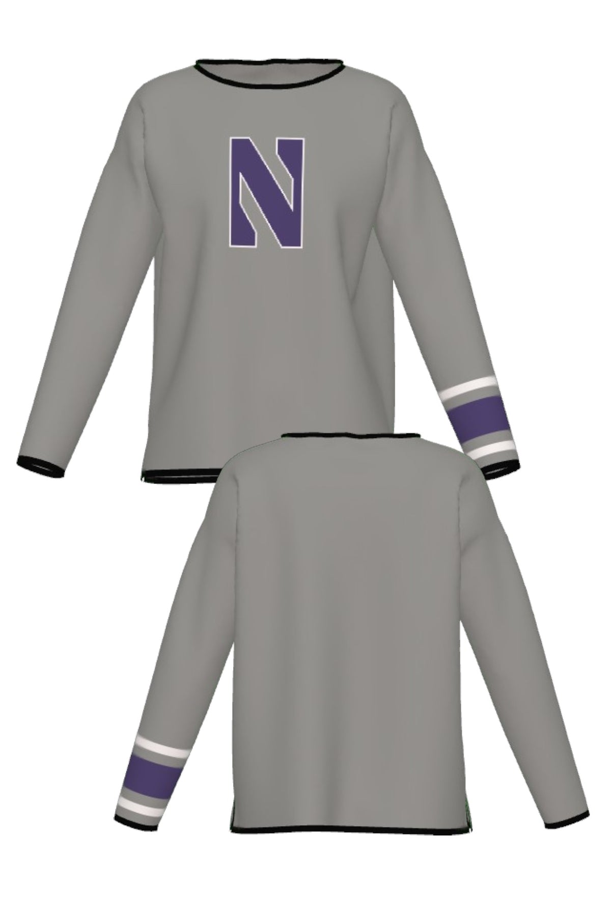 Northwestern University Powerstripe Knit Women's Sweater in Grey with Purple trim, Purple Gothic N with White trim and Purple and White sleeve stripes – SOUNDOFF FRONT and BACK