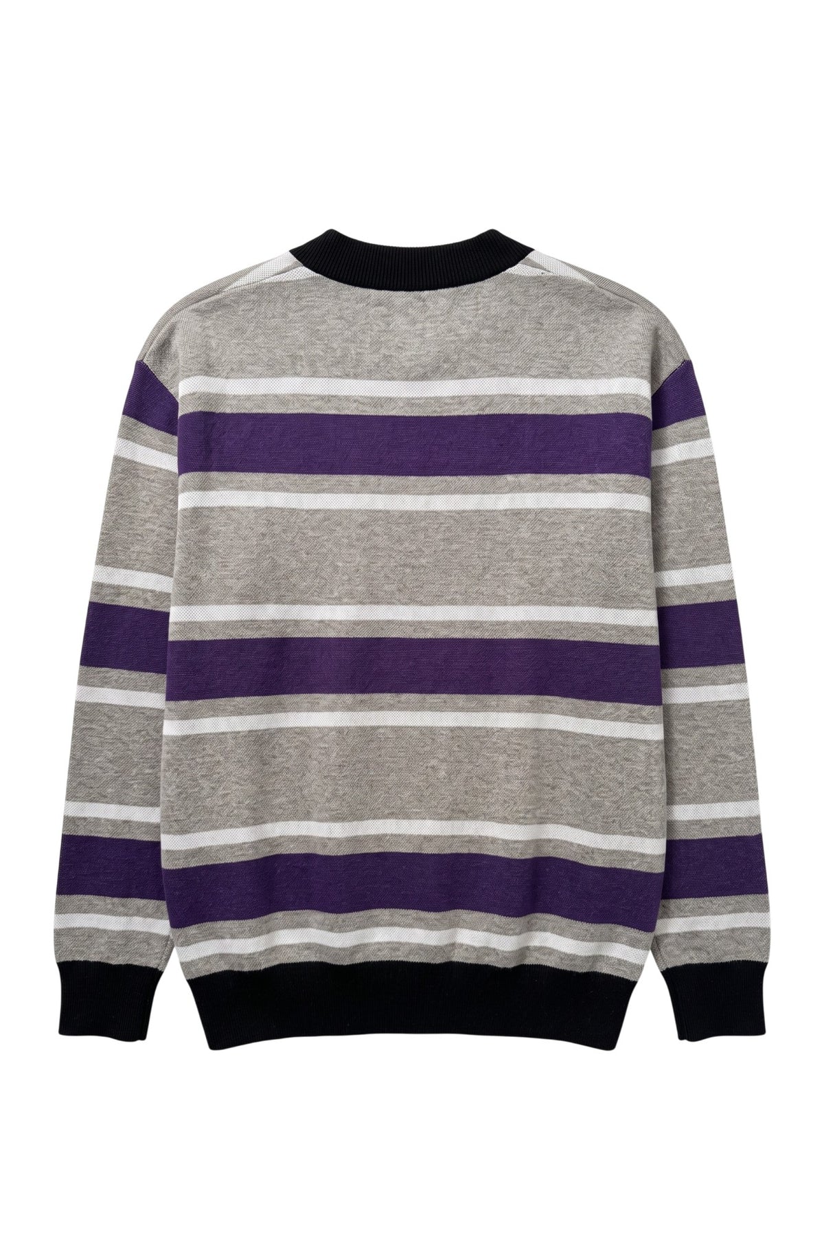 Northwestern University Powerstripe Rugby Cardigan Knit Sweater in Grey, White and Purple stripes with Black trim and Black interlock NU – SOUNDOFF BACK