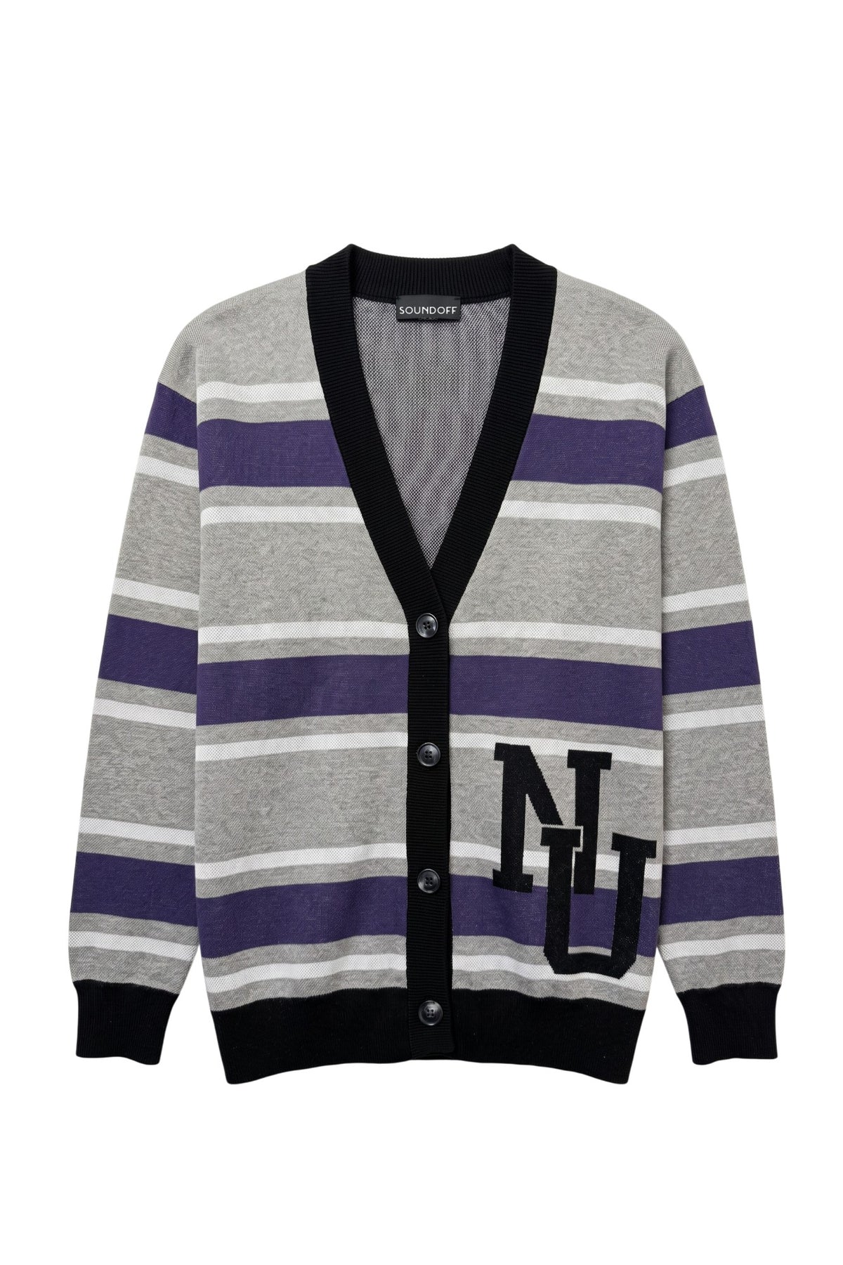 Northwestern University Powerstripe Rugby Cardigan Knit Sweater in Grey, White and Purple stripes with Black trim and Black interlock NU – SOUNDOFF FRONT