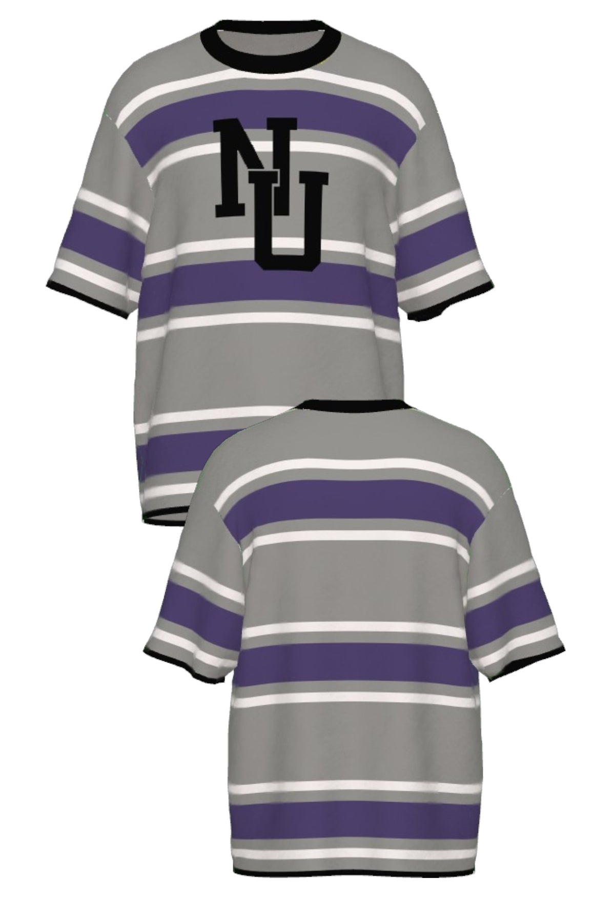 Northwestern University Powerstripe Rugby Short Sleeve Knit Sweater in Grey, White and Purple stripes with Black trim and Black interlock NU – SOUNDOFF FRONT and BACK
