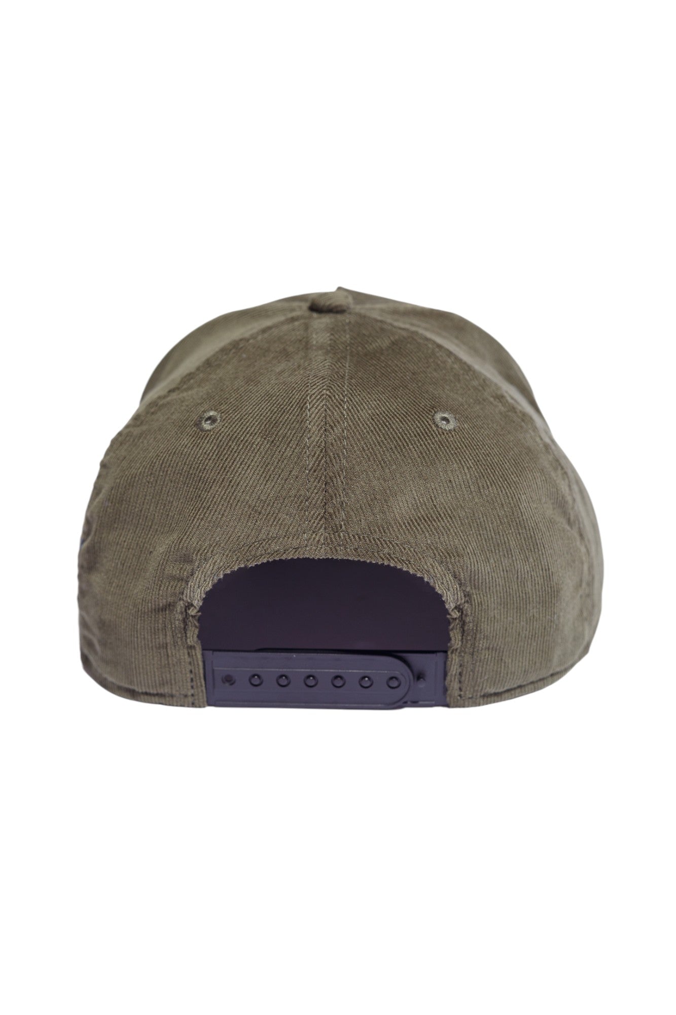 Back view of olive and tobacco five-panel snapback hat showing adjustable strap and closure.