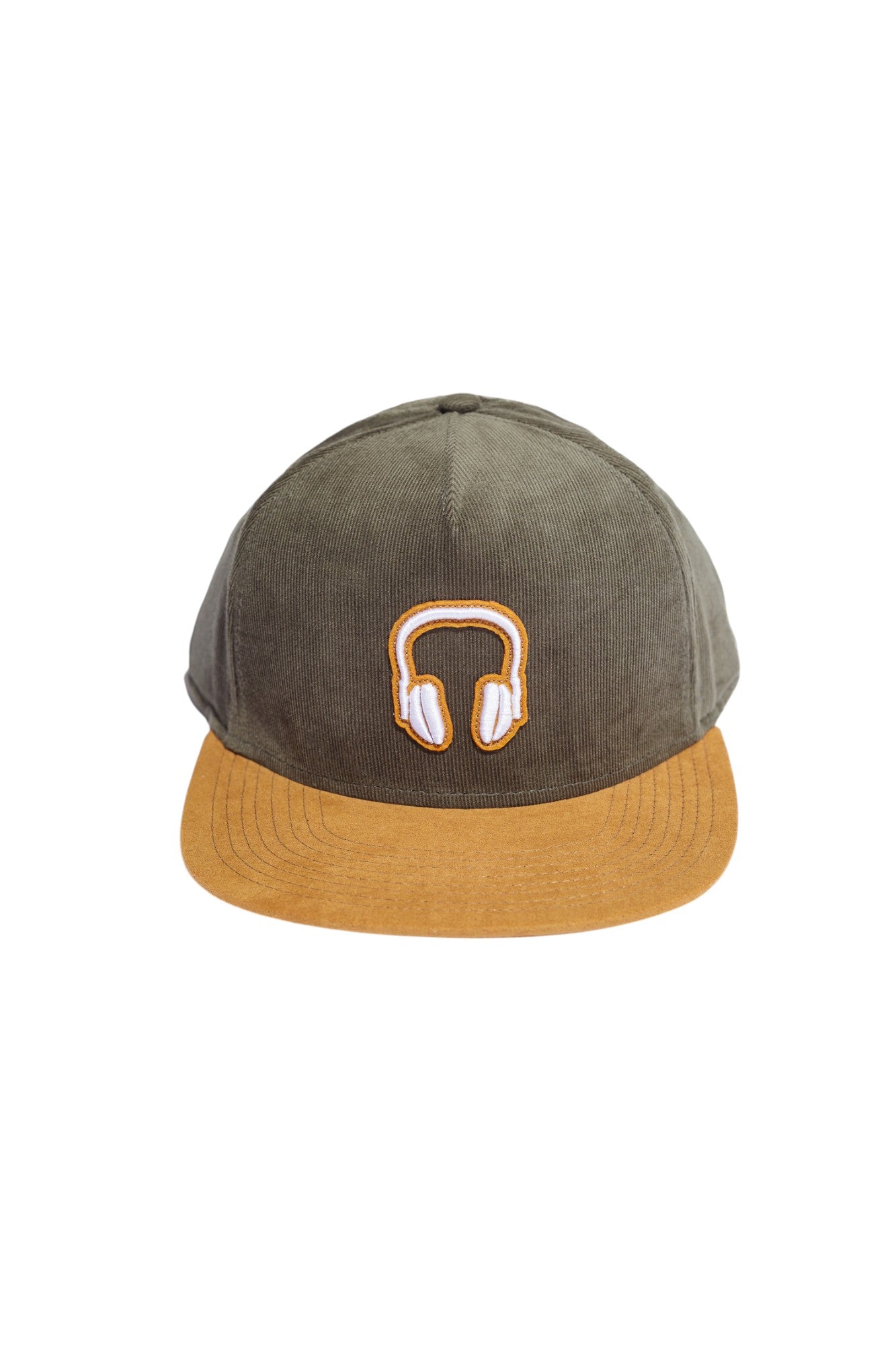 Olive corduroy and tobacco suede high-crown snapback hat with embroidered headphones, front view.