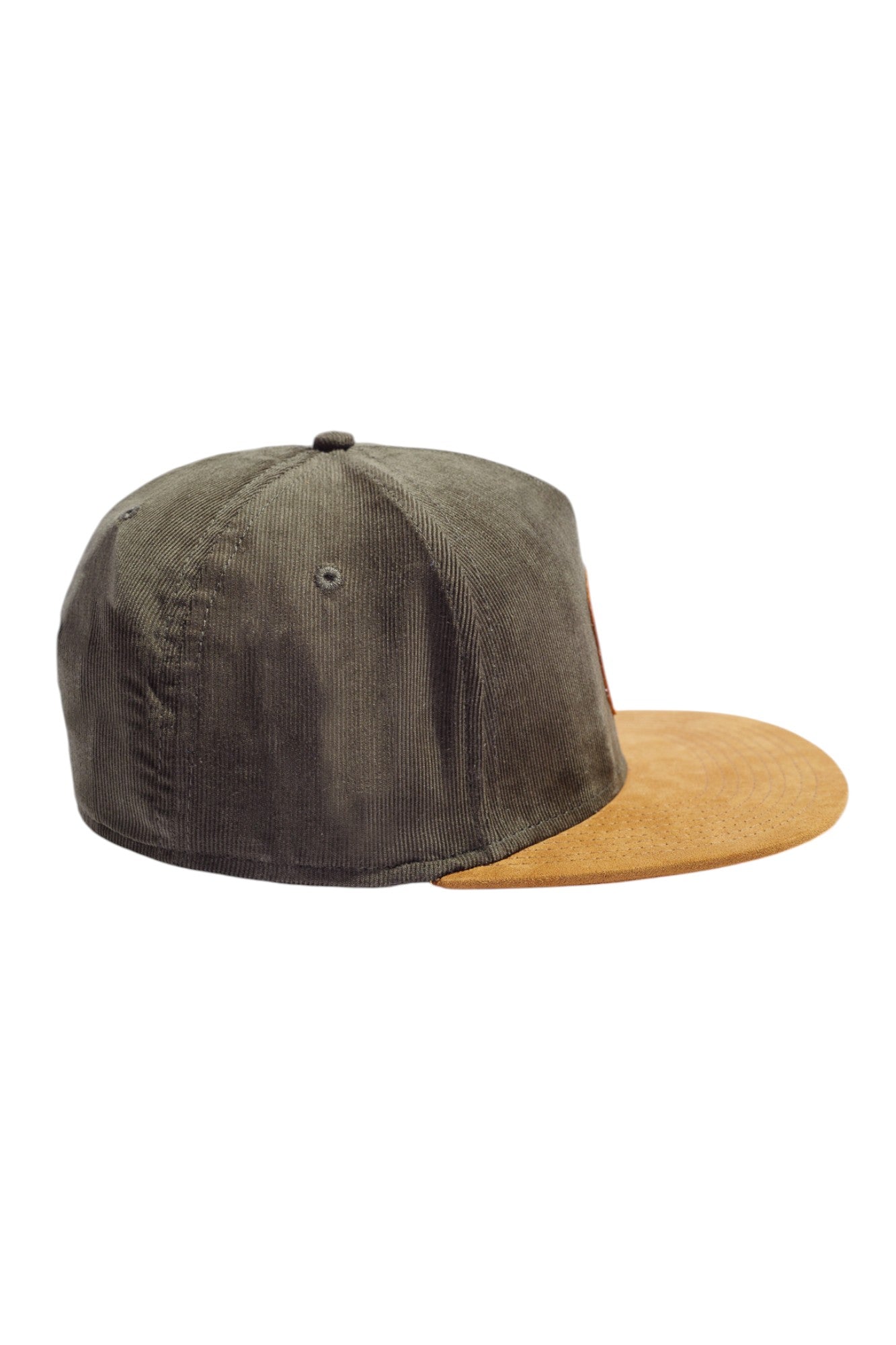 Side profile of olive and tobacco high-crown snapback hat highlighting suede and corduroy texture.