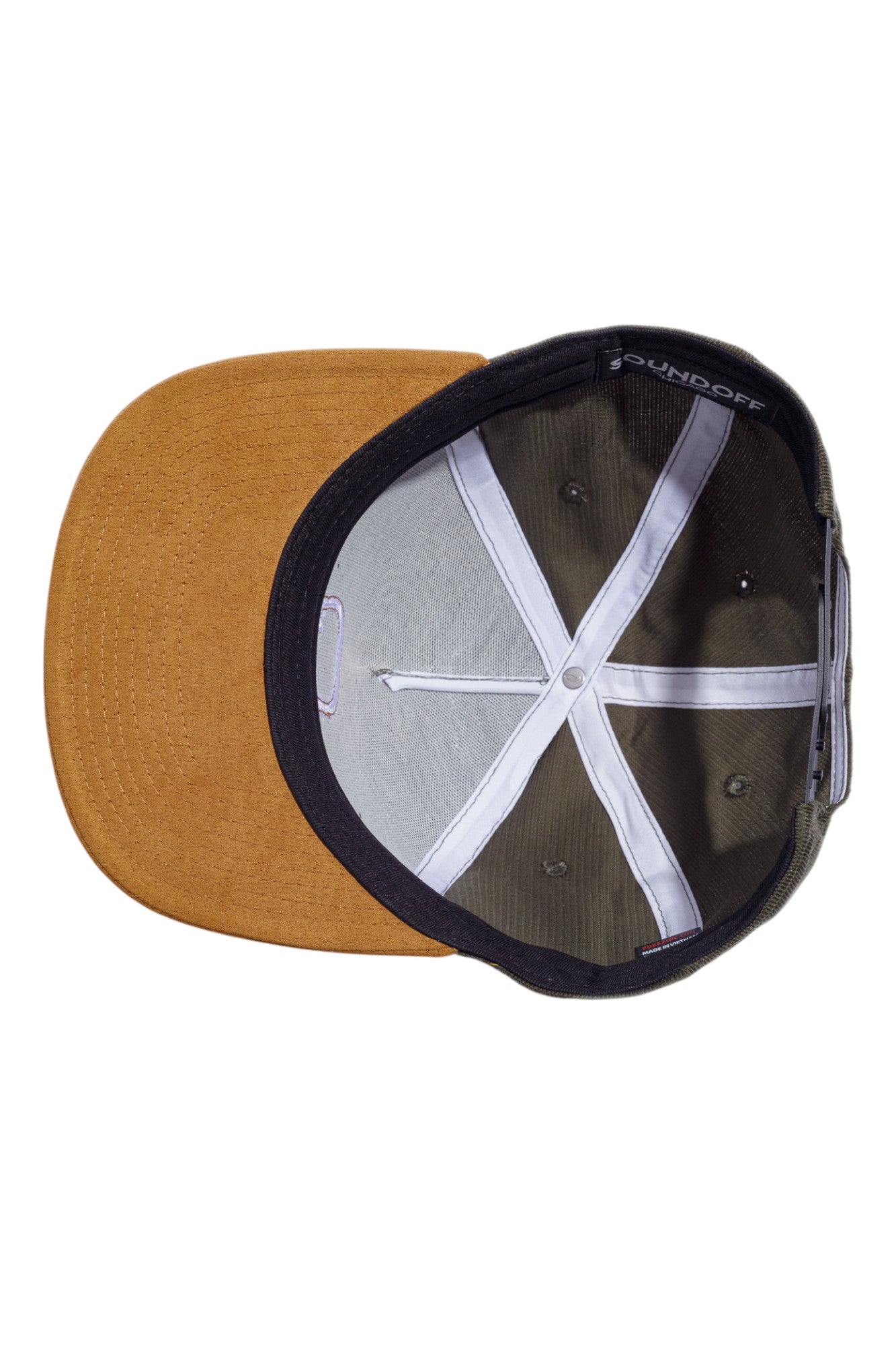 Underneath view of olive corduroy and tobacco suede snapback hatshowing the undervisor and interior construction.