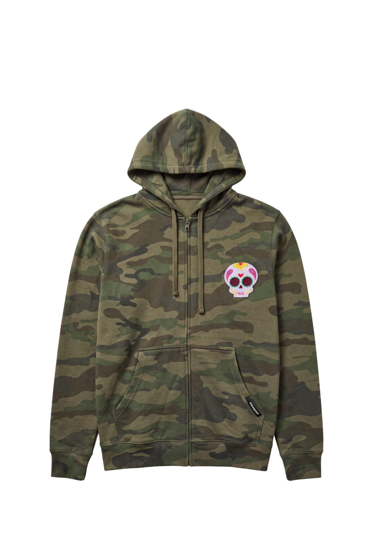 Front view of a forest camouflage zip-front hoodie featuring an intricately detailed purple-colored 3.25-inch embroidered Mexican Sugar Skull patch on the left chest and split kangaroo pockets.
